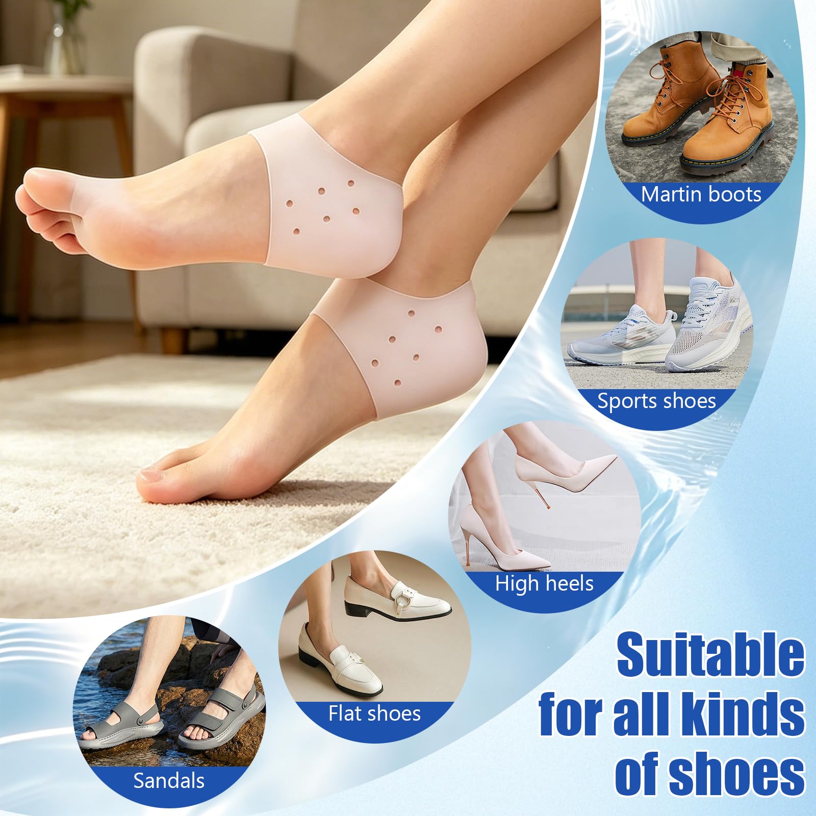 3 Pares Transpirables Protector De Silicona Para TalóN +10 Piezas Tiritas Taloneras, Calcetin Taloneras De TalóN Hidratantes, Contra Deslizamientos Y Frotamientos, Alivia PresióN Plantar, Blanco