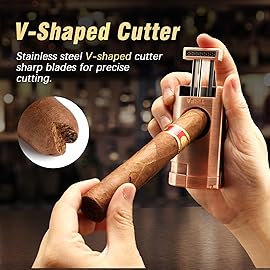 TISFA Cigar Case, Leather Cigar Humidor with Cigar Lighter, V Cut Cigar Cutter, Cigar Holder 3 in 1, Portable Cedar Wood Cigar Box with Humidifier Hygrometer, Cigar Accessories Gifts (Embossed Brown)