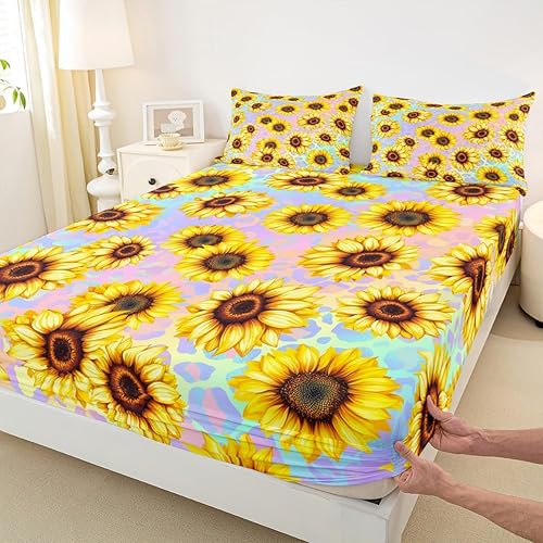 Miniatura 4 de Juego de sábanas de girasoles de granja, tamaño Queen, juego de sábanas con estampado de piel de leopardo y gato grande, decoración de dormitorio de