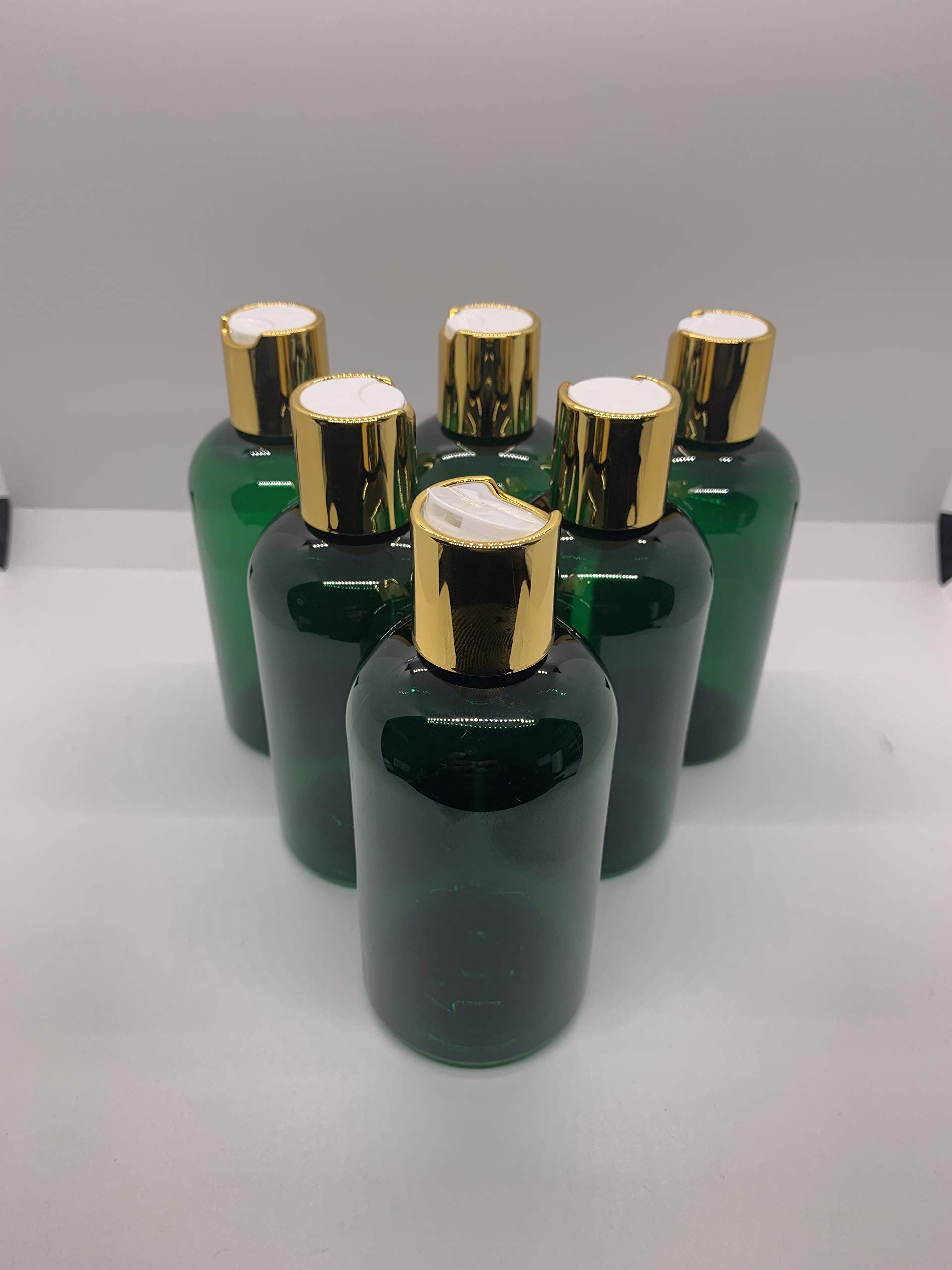Empty Green Boston Plastic Bottles -6 pack- Squeezable - BPA Free -with golden lid - Shampoo, Lotion, Antibacterial Liquid (8oz)