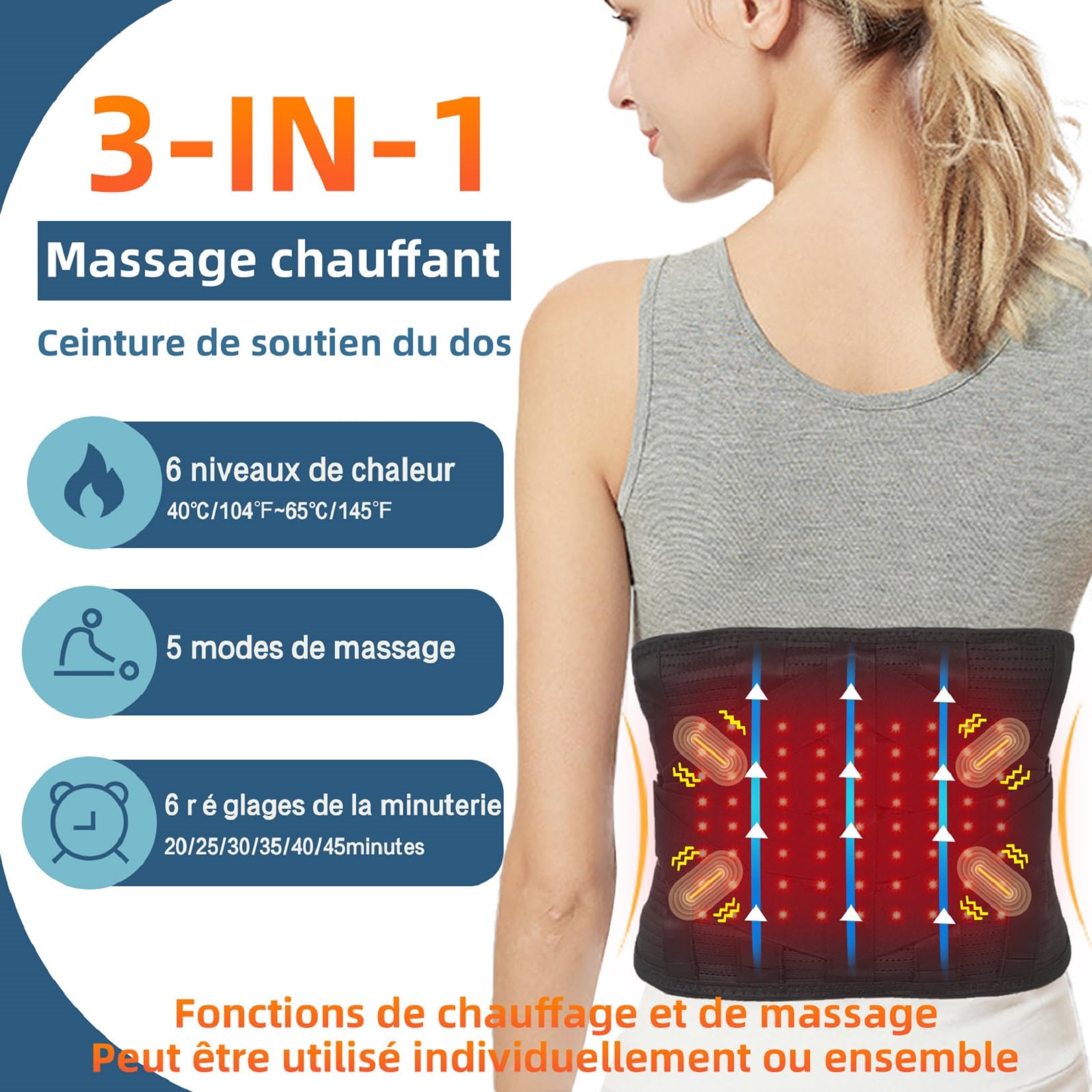 HONGJING Ceinture de Massage à Lumière Rouge pour Soulager les Douleurs Lombaires, Ceinture Lombaire Chauffante Rechargeable pour Hernie Discale, Sciatique, Scoliose (XL)