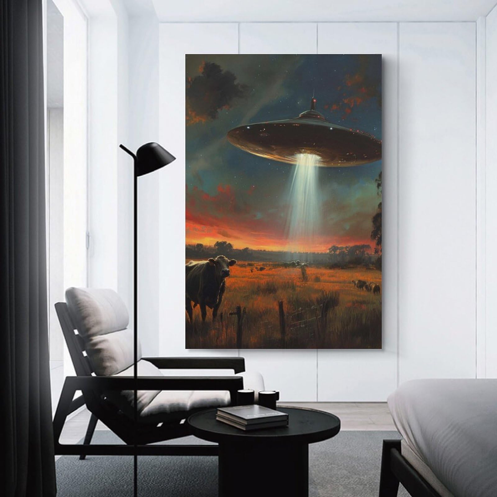 Junmoney Room Decor Wall Art Cow And Alien Spaceship, 20x30inch(50x75cm), for Wall Displays, Bedrooms Or Room Updates, An Easy Match for Collected Prints