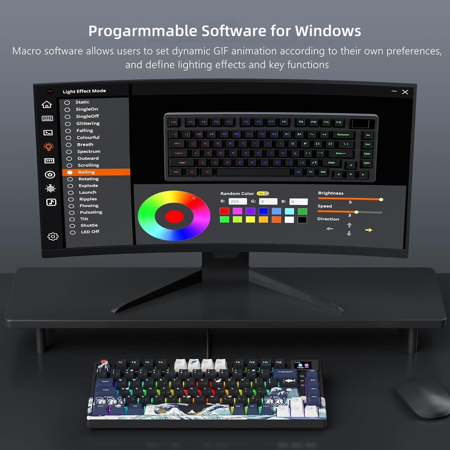 SK80 Teclado Mecánico Gaming 75% Compacto, USB C, Hot-Swap Tema Kanagawa, Montaje de Junta Personalizado RGB para Mac/Win, Negro