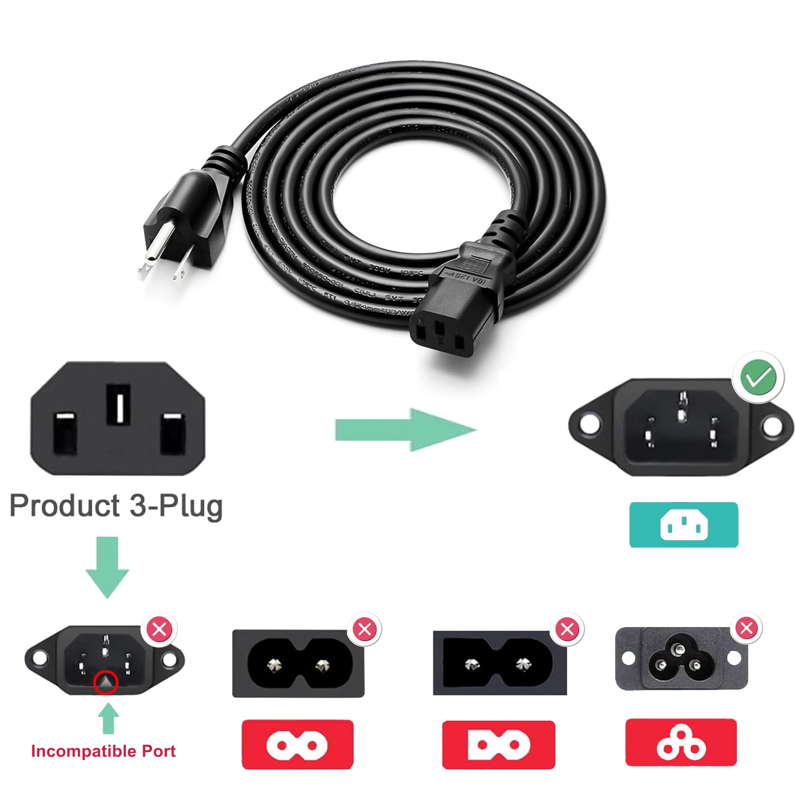 Kabel zasilający 10 A, 125 V, 3-bolcowy, do telewizora, komputera, monitora, drukarki, radia, Samsung, Dell, Vizio, LG, Asus, laptopa, elektroniki i innych urządzeń (10 A 125 V 18AWG)