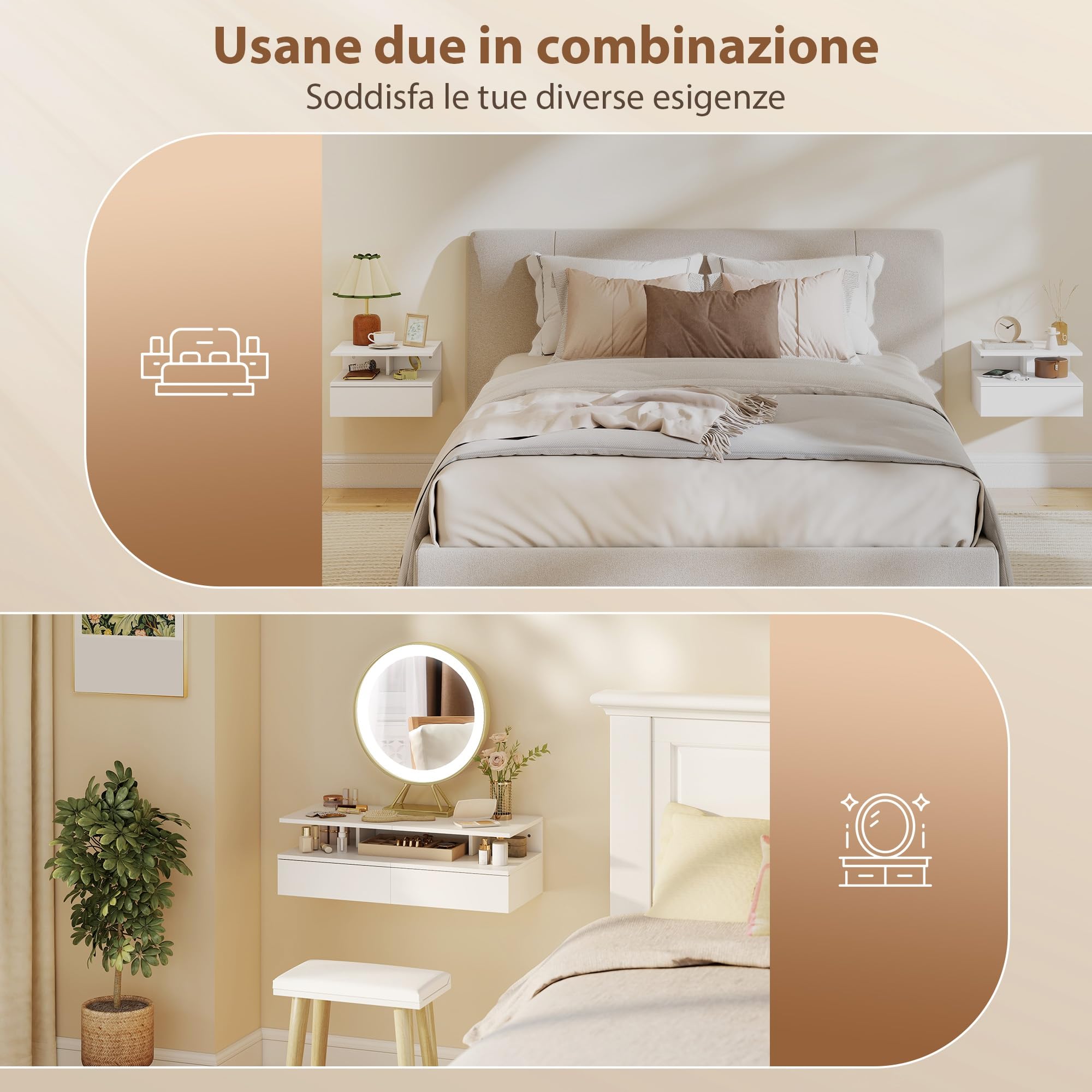 HOMCOM Set di 2 Comodini Camera da Letto Sospesi con Cassetto e Scomparto Aperto, Coppia di Comodini Moderno in Legno, Tavolini per Divano, Soggiorno, Salotto e Camera, 35x32x22.5 cm, Bianco