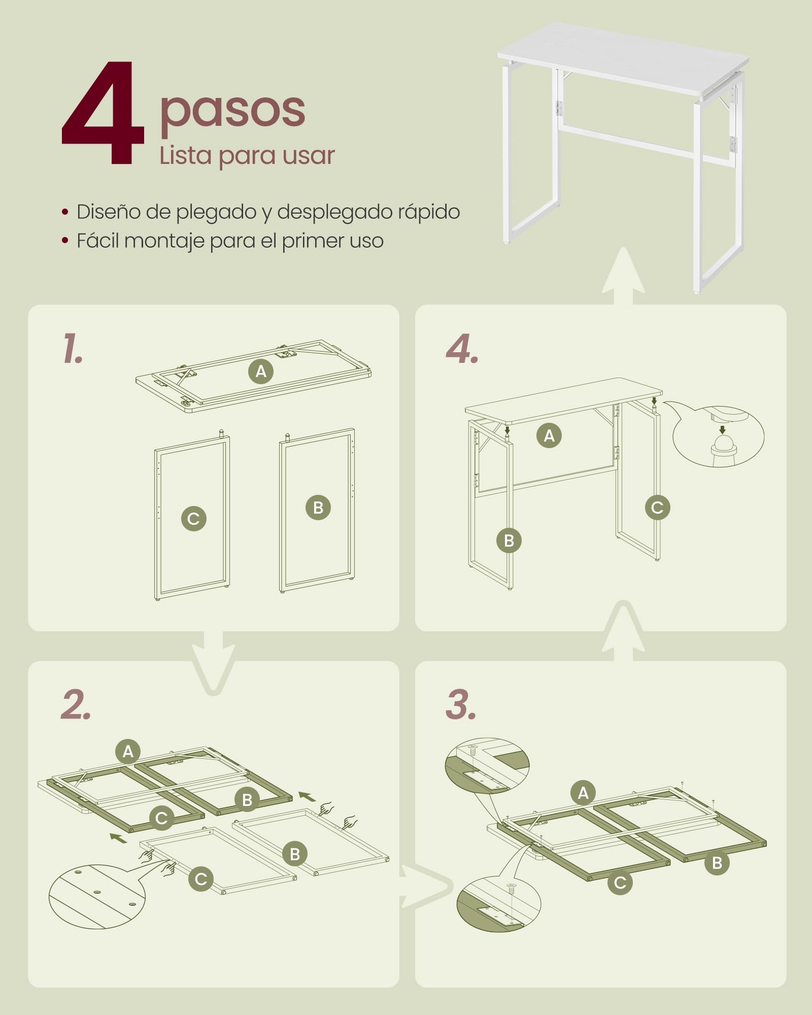VASAGLE Mesa Plegable, Escritorio Plegable, Tablero de una Pieza, Bordes Redondeados, para Dormitorio, Balcón o Camping, Fácil Montaje, 80 x 40 cm, Blanco Arce LWD151WF01 — view 7