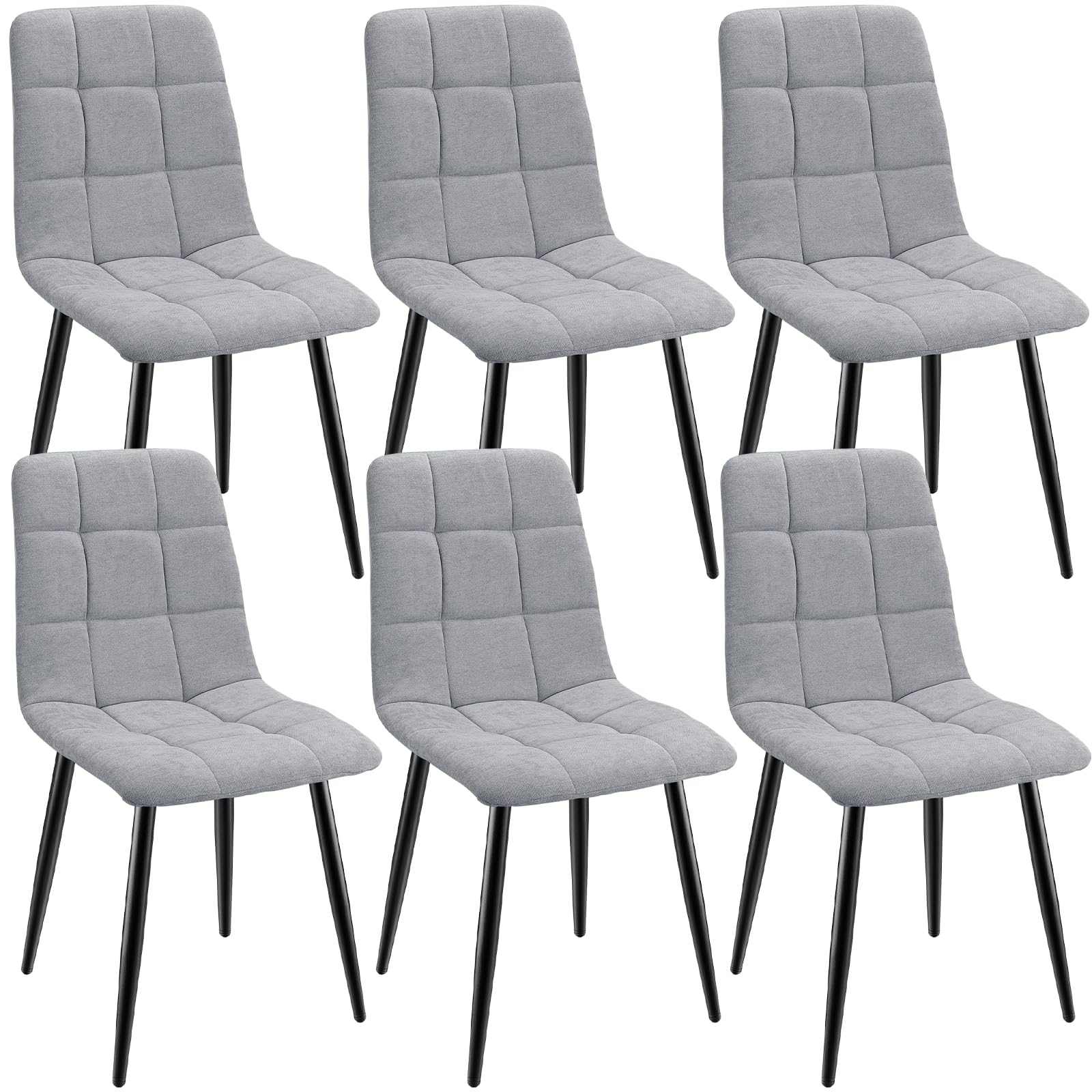 Set di 6 Sedie da Pranzo con Piedi in Metallo Nero, Imbottite con Tessuto di Lino per Cucina, Camera da Letto, Salotto e Soggiorno - Gray