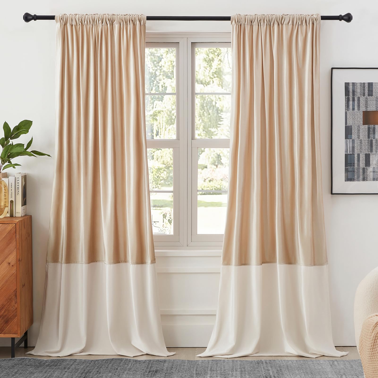 Velvet Curtains 108 inches Long for Living Room Champagne Ivory,2 Panels Blackout Curtains Modern Color Block Back Tab Rod Pocket Soundproof Drapes