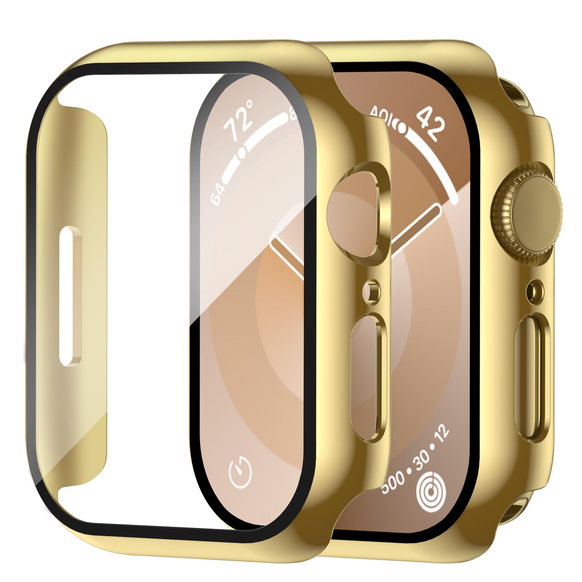 Smiling 2 Pack Case Compatible with Apple Watch Series 9/8/ 7 41mm Built in Tempered Glass Screen Protector, Hard PC Case Overall Protective Cover- Gold