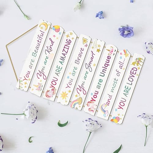 Miniatura 7 de Decoración de unicornio para dormitorio de niñas, arte de pared inspirador para niños, decoraciones de pared de arco iris, letrero de madera