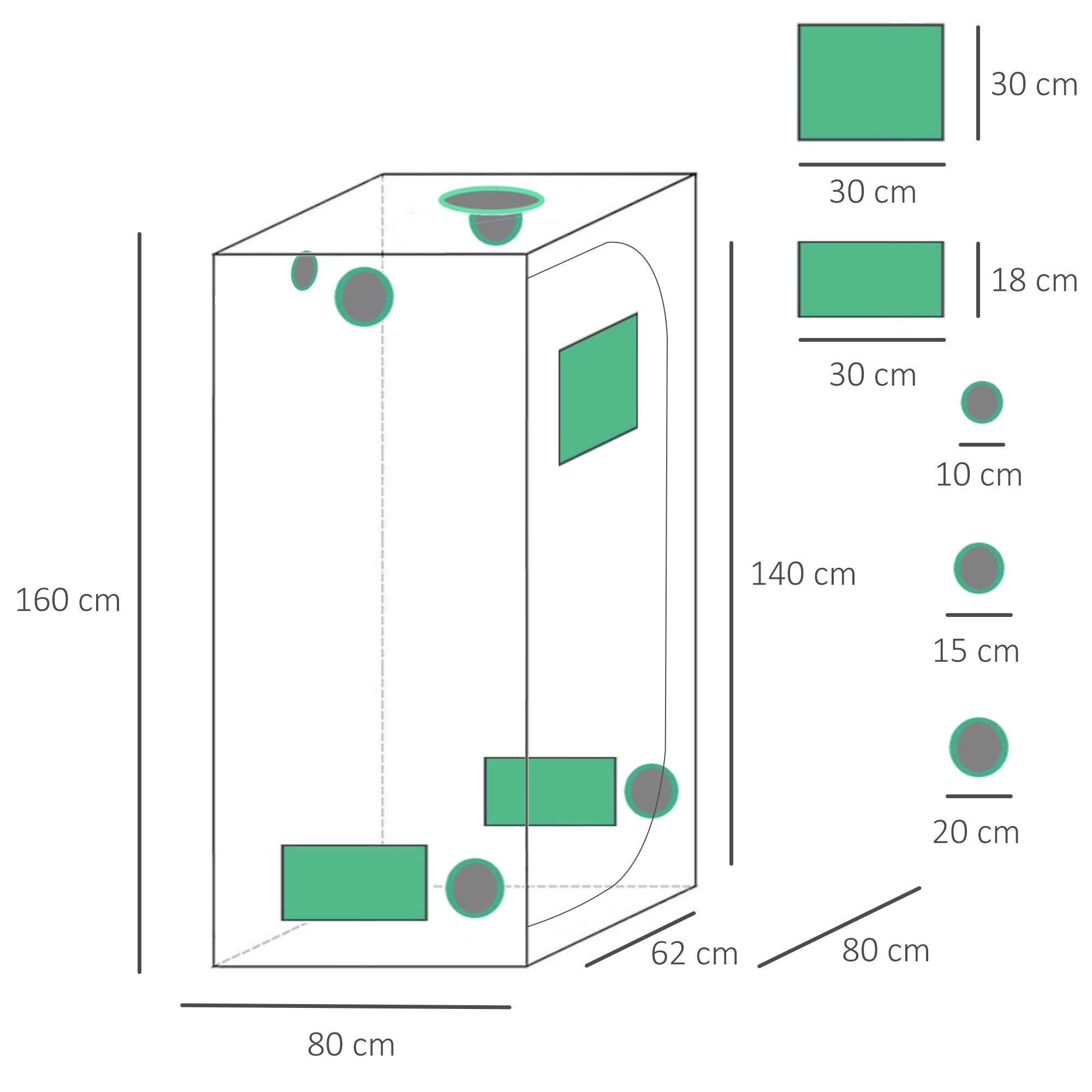 Outsunny Tenda Idroponica in Oxford 600D con 5 Prese d'Aria Regolabili e Finestra, Serra Idroponica per Coltivazione con Foro per Cavi da Interno, 80x80x160 cm, Nero