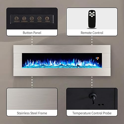 Miniatura 6 de AMERLIFE Chimenea eléctrica de montaje en pared de 60 pulgadas con control remoto, calentador flotante de pared con colores de llama ajustables y