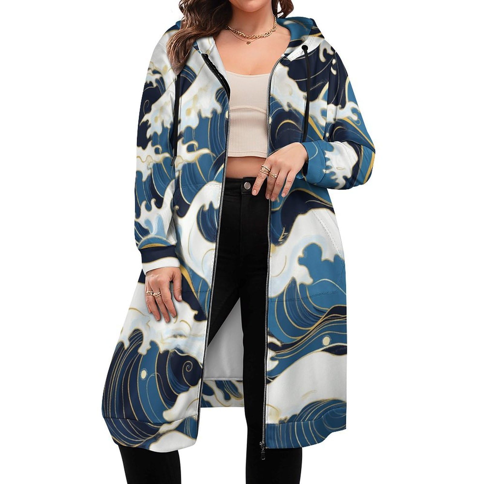 Felpa Donna con Zip Felpe Sportiva con Tasche E Cappuccio Motivo A Onde Morbida Invernale Giacca Regolabile Confortevole per Uso Quotidiano Casual