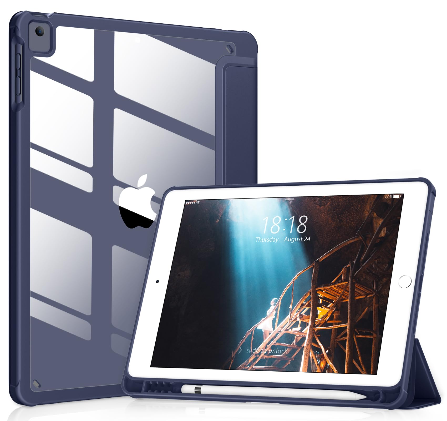 VIKESI for iPad 6th / 5th Generation 9.7 inch Case (2018/2017), iPad Air 2 & 1 (2014/2013) Case, Clear Back, Smart Cover [Built-in Pencil Holder, Auto