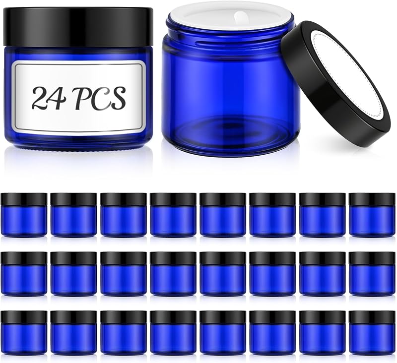 Bumobum 24 Frascos de Vidro Azul de 60 mL com Tampas e Etiquetas