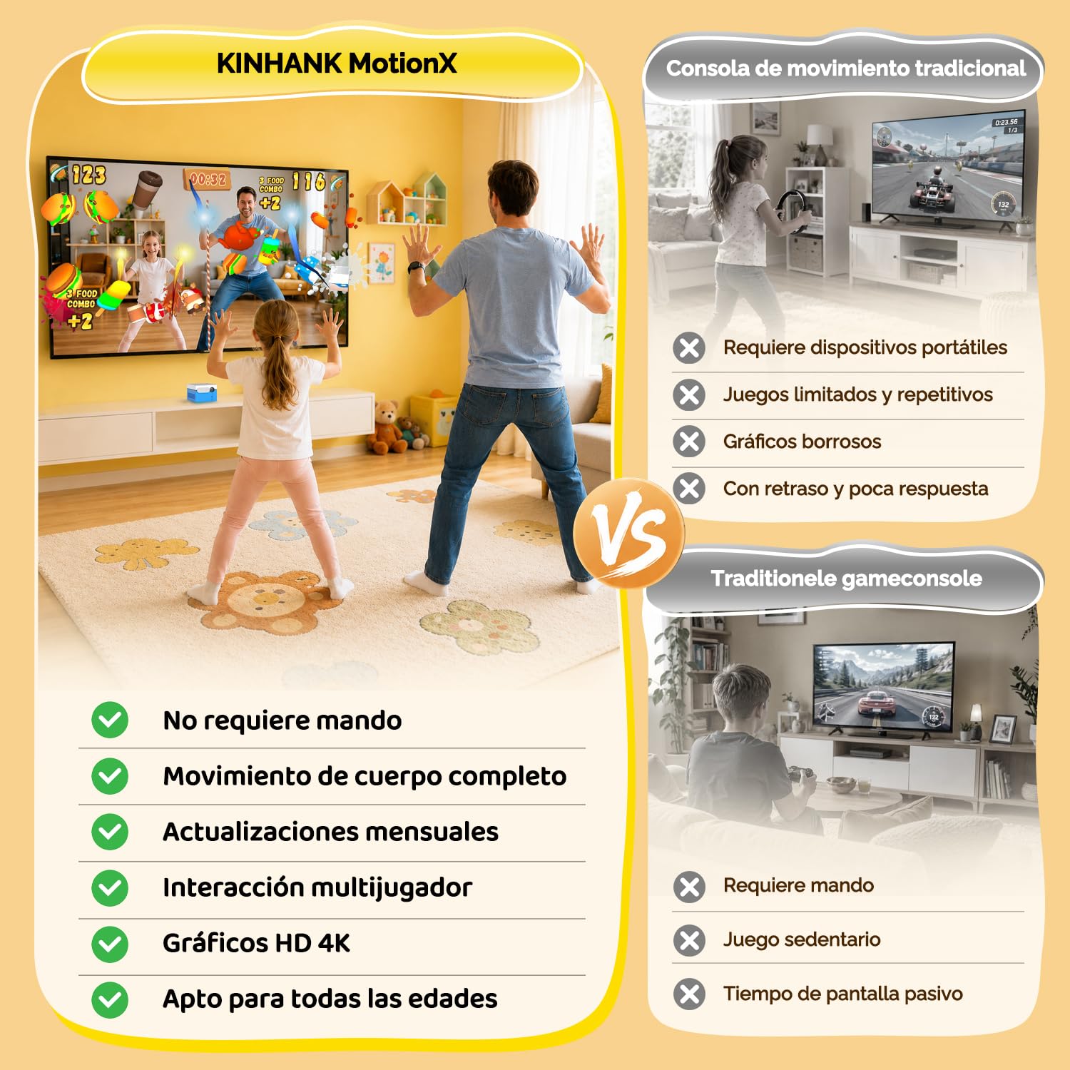 KINHANK MotionX Consola de Juegos con Sensor de Movimiento, Sistema de Videojuegos Interactivo físico para Padres e Hijos, sin Mando/actualizaciones continuas, Regalo para niños