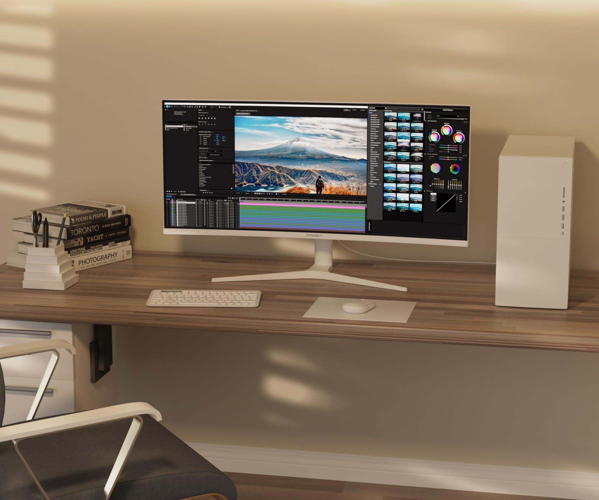 JapanNext Monitor Curvo Blanco 34" IPS UWQHD (3440x1440) | HDR & KVM | Carga vía USB-C (65W) Altura Ajustable Altavoces Integrados | G-Sync/FreeSync | JN-IPS34Q-HC6-W