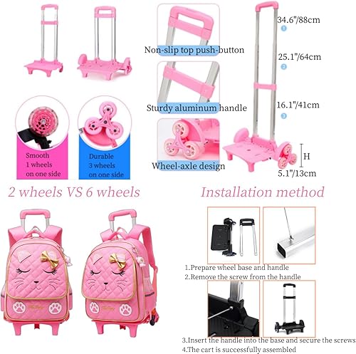 Miniatura 4 de Mochila con ruedas para niñas, mochila escolar, con estampado de cara de gato, equipaje de mano con ruedas, 2 Ruedas Negro, L, Estilo A -2 Ruedas