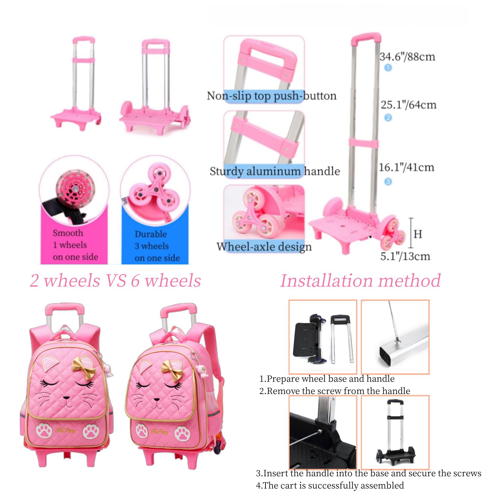 MITOWERMI Mochila con ruedas para niñas, mochila escolar con cara de gato, mochilas para niños con ruedas, equipaje de viaje