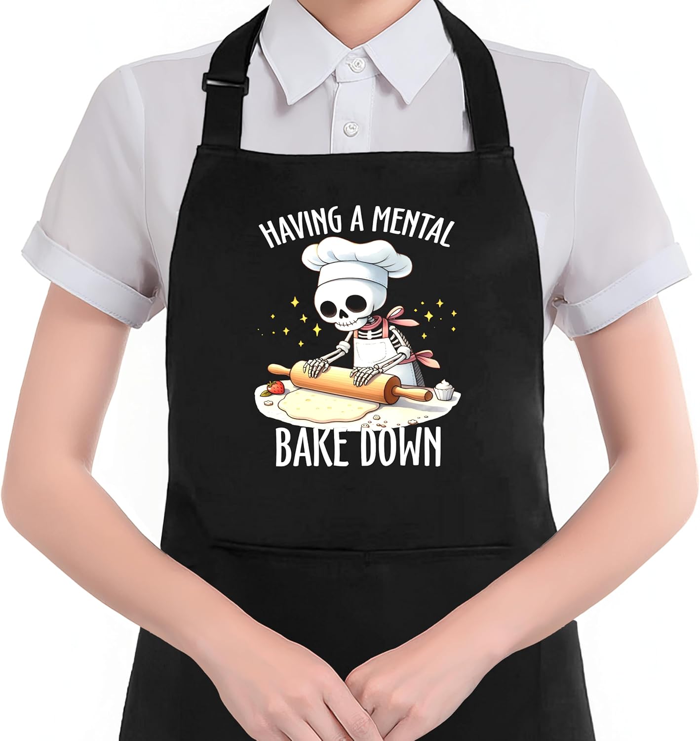 Funny Skeleton Baker Baking Apron with Pockets, Baking Lovers Bread Baker Gifts, Having a Mental Bake Down Waterproof Adjustable Cooking Apron for Kitchen Dishwashing Grilling