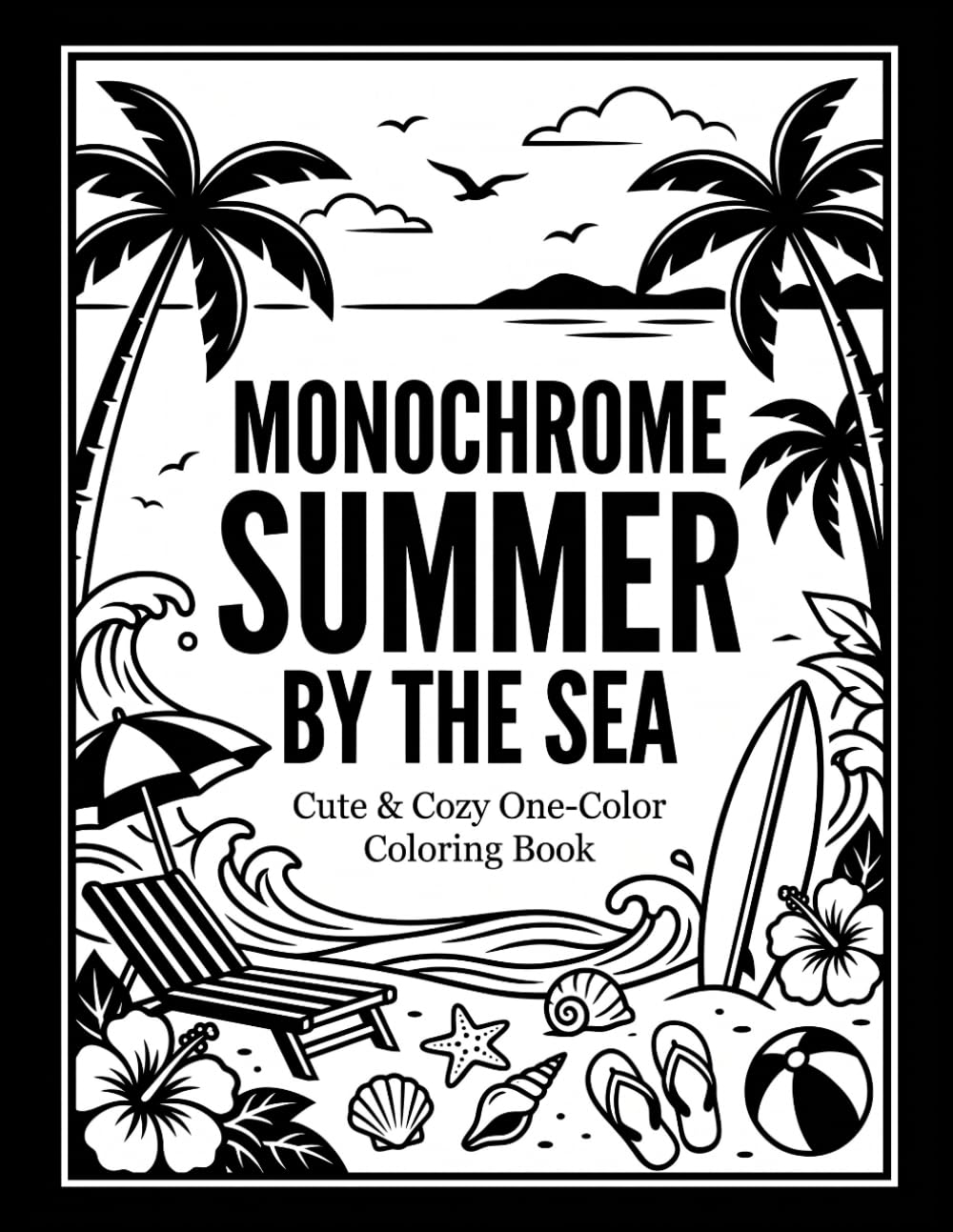 Monochrome Summer by the Sea Coloring Book: Reverse Monochrome Coloring Pages with 50 Cute & Cozy Beach Scenes ,Summer Relaxation