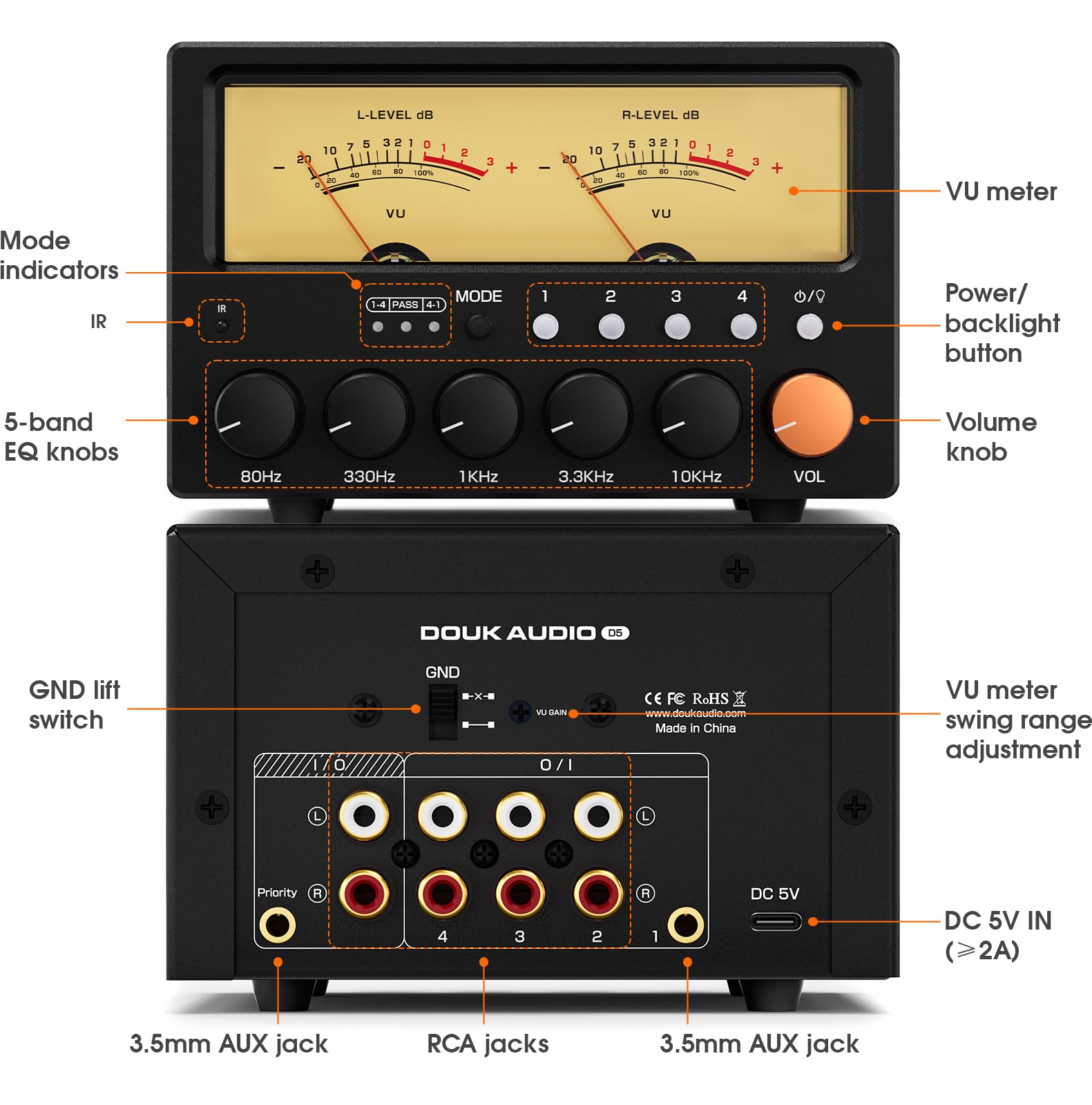 Nobsound Interruttore audio D5 a 4 vie: preamplificatore EQ stereo HiFi a 5 bande e splitter RCA con VU Meter e amplificatore per cuffie per home theater/studio/DJ