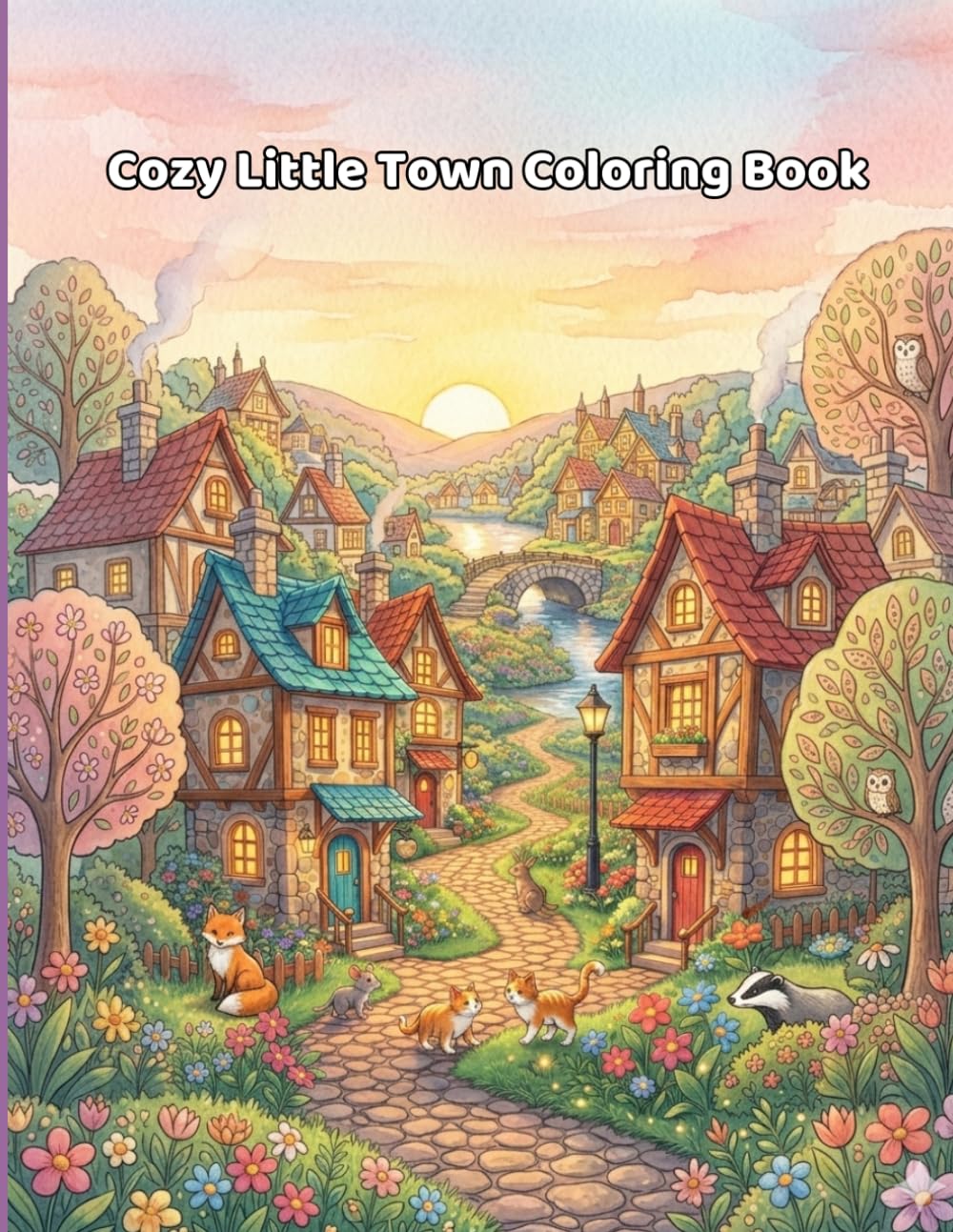 Cozy Little Town Coloring Book: 44 Relaxing Village Scenes for Kids and Adults: Stress Relief & Art Therapy with Cute Houses and Whimsical Animal Adventures