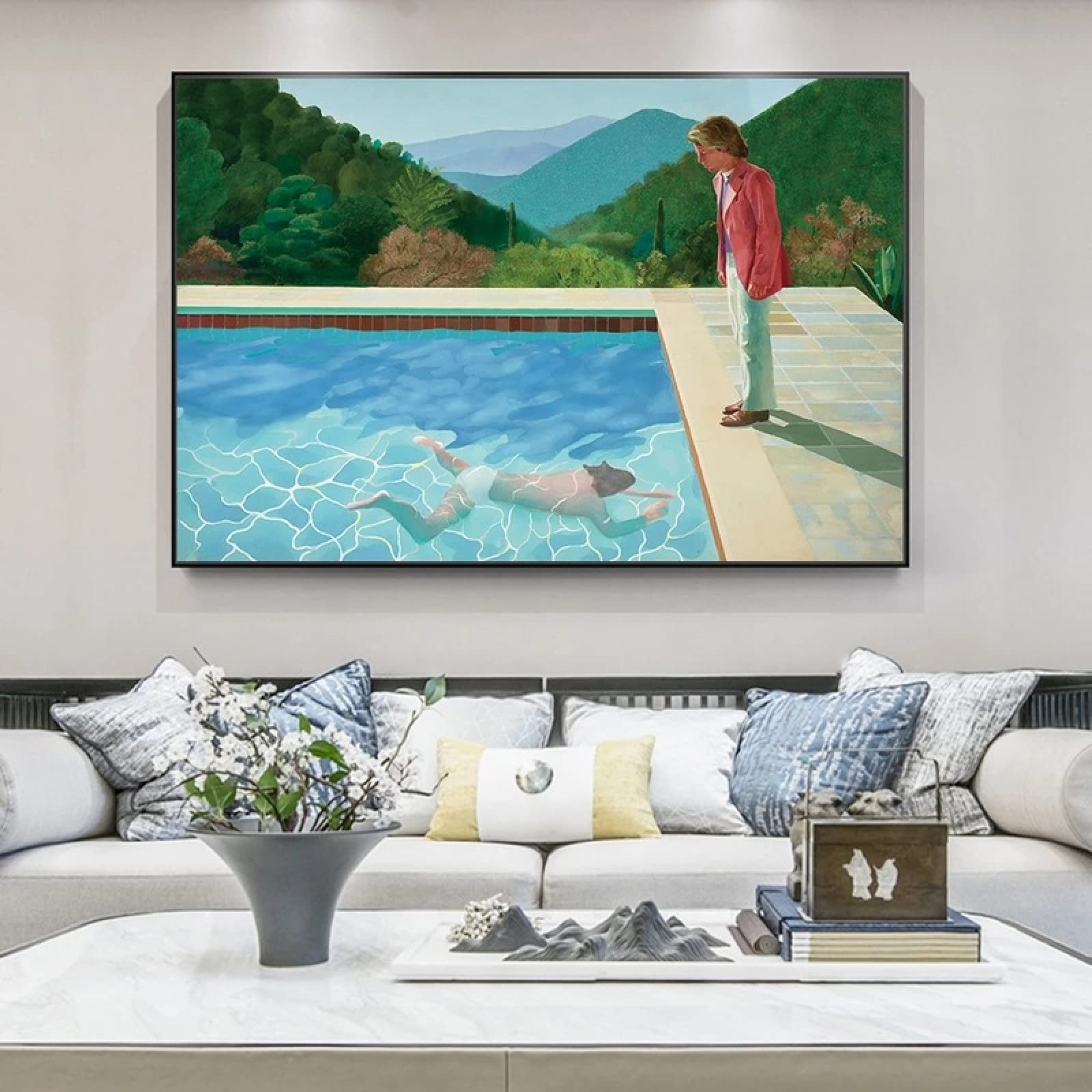 Yooyu David Hockney (Piscina con due figure) Pittura su tela Poster Stampe Quadros Immagine di arte della parete per soggiorno Decorazioni per la casa 80x120 cm (31x47 pollici) con cornice