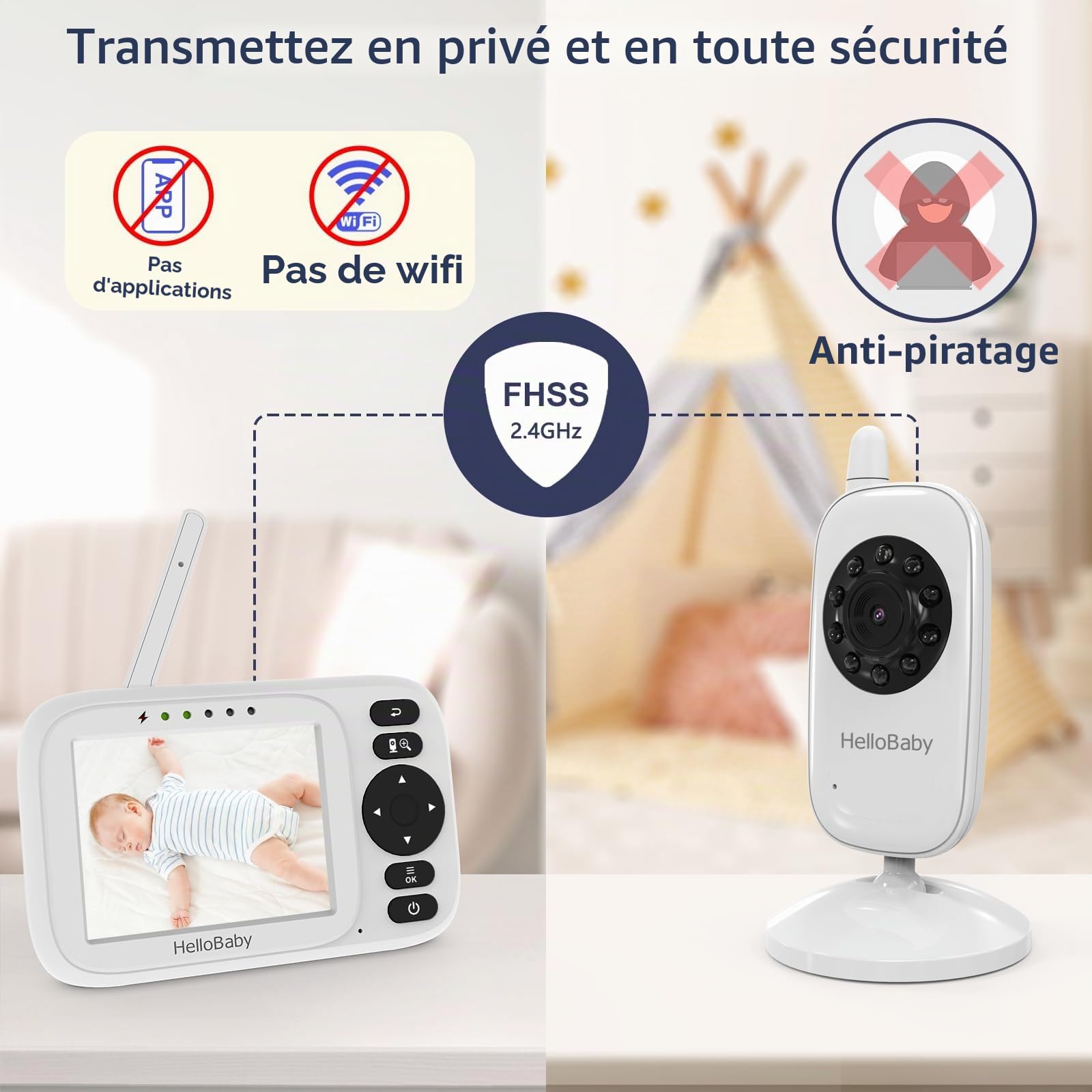 HelloBaby Babyphone Caméra sans WiFi, Caméra Surveillance Bébé 3,2'' IPS, Caméra de Surveillance bébé, Vision Nocturne, Mode ECO/VOX, Portée Étendue 305m, 2 Câbles USB, HB2438