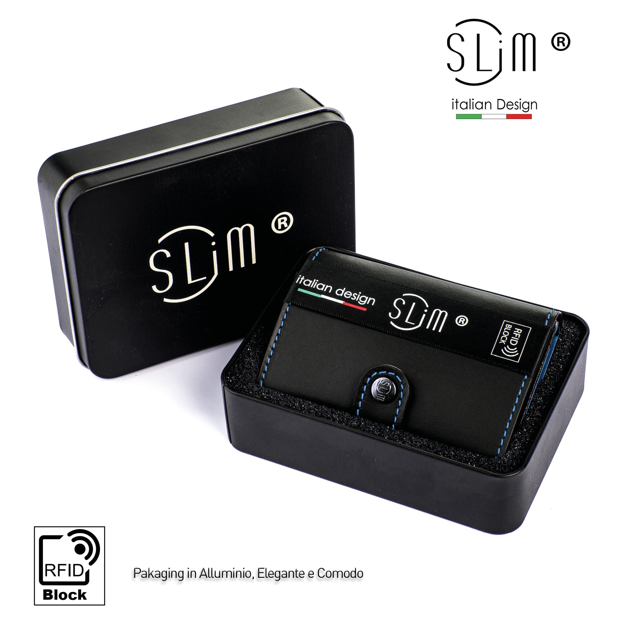 SLim Porta Carte di Credito Schermato Portafoglio Uomo Rfid Portatessere Anticlonazione Donna Portacarte Uomo (Nero Cuciture Blu, Con Zip)