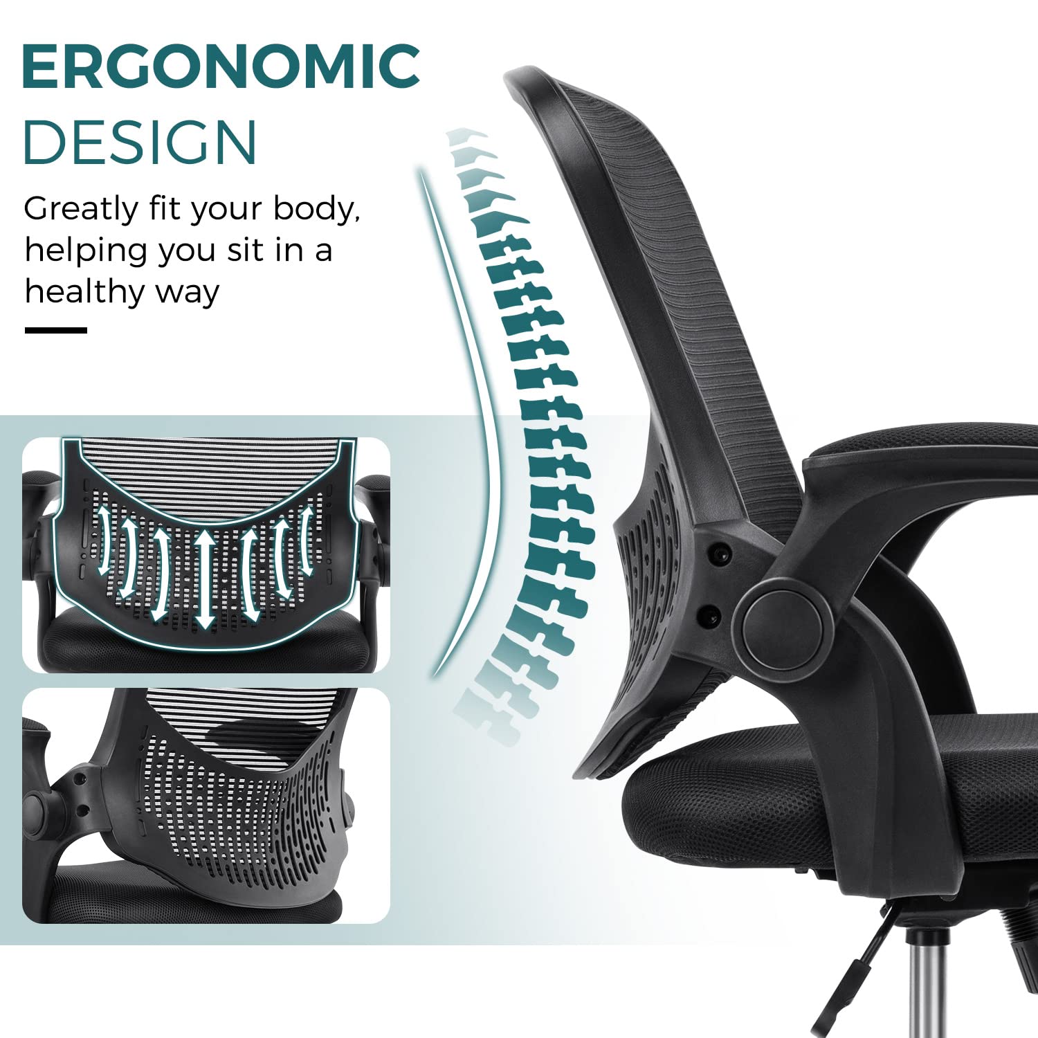 Sedia Ufficio Ergonomica In Rete Girevole Con Braccioli Ribaltabili E Supporto Lombare - Nero - 4