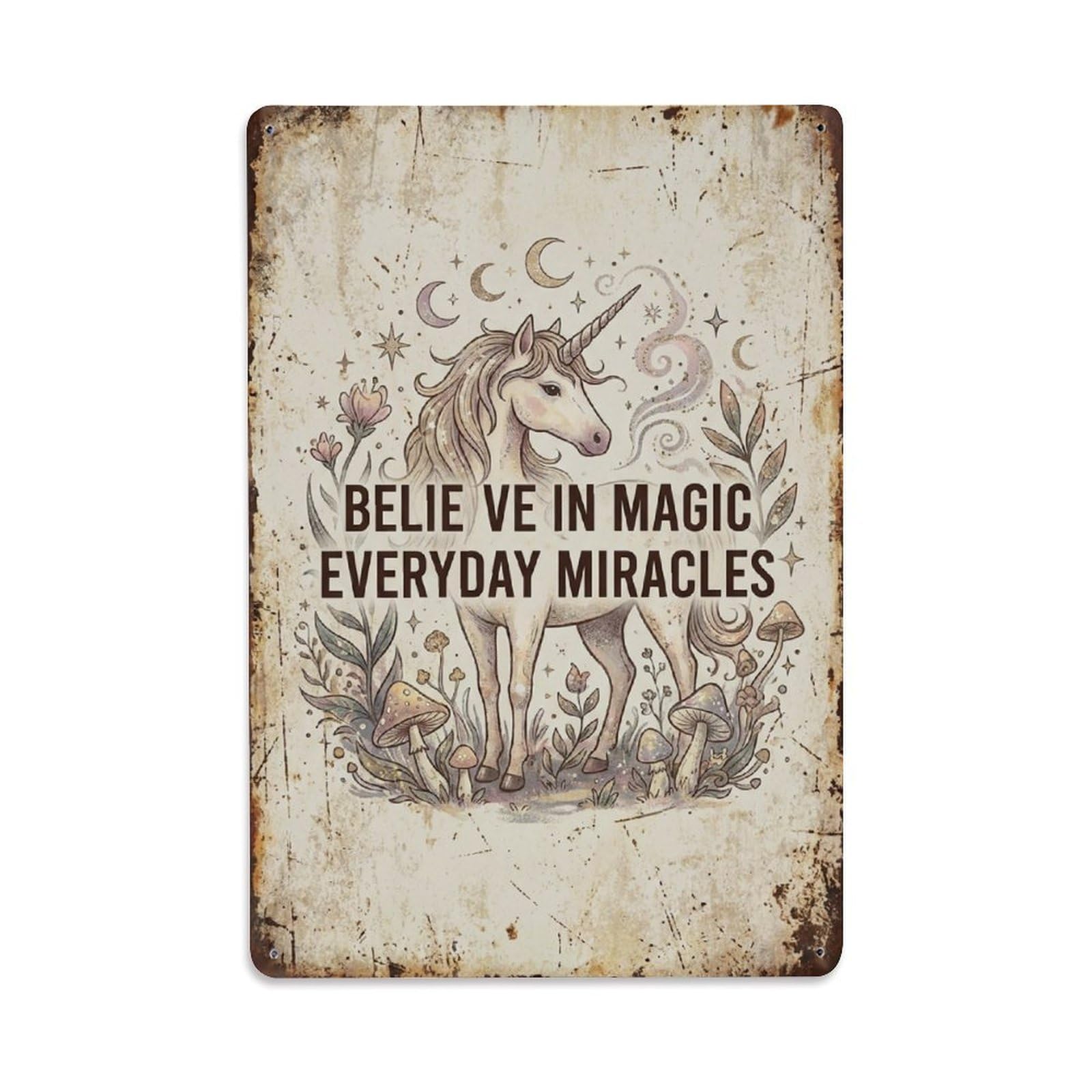 Okngb Style Vintage Unicorn Wildlife Saying Magic Everyday Miracles Metal Tin Sign Plaque Wall Decor For Cafe, Man Cave, Club Bar, Office, Home Garden Round Metal Poster 8X12inch