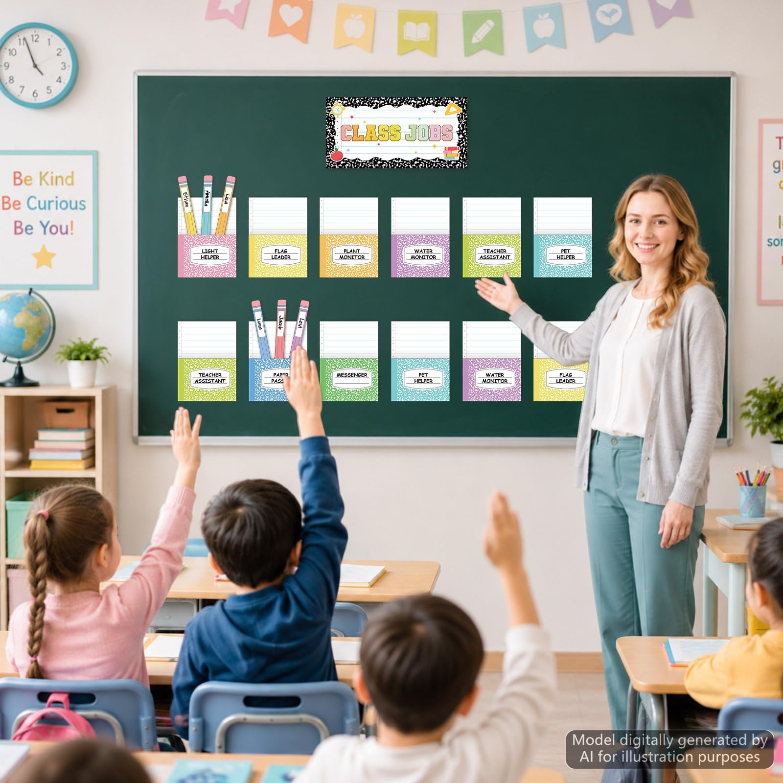 Kompositionsbuch für Klassenarbeiten, bunte Taschenpinnwand für Klassenzimmer, Lehrer-Job, bunte Bleistiftdekoration, Namensschild auf der
