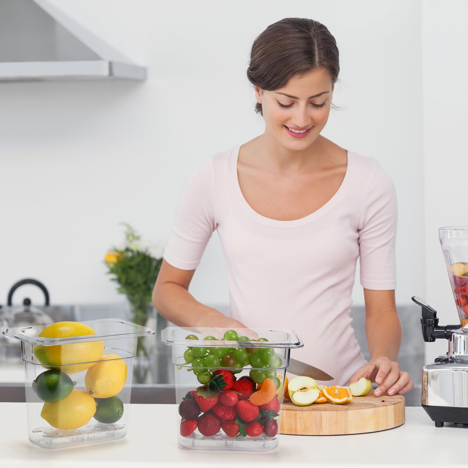 Sunnyray Juego de 6 sartenes de policarbonato de tamaño 1/9 con tapas y estante de drenaje, recipientes cuadrados profundos para almacenamiento de alimentos para cocina, restaurante, frutas y verduras
