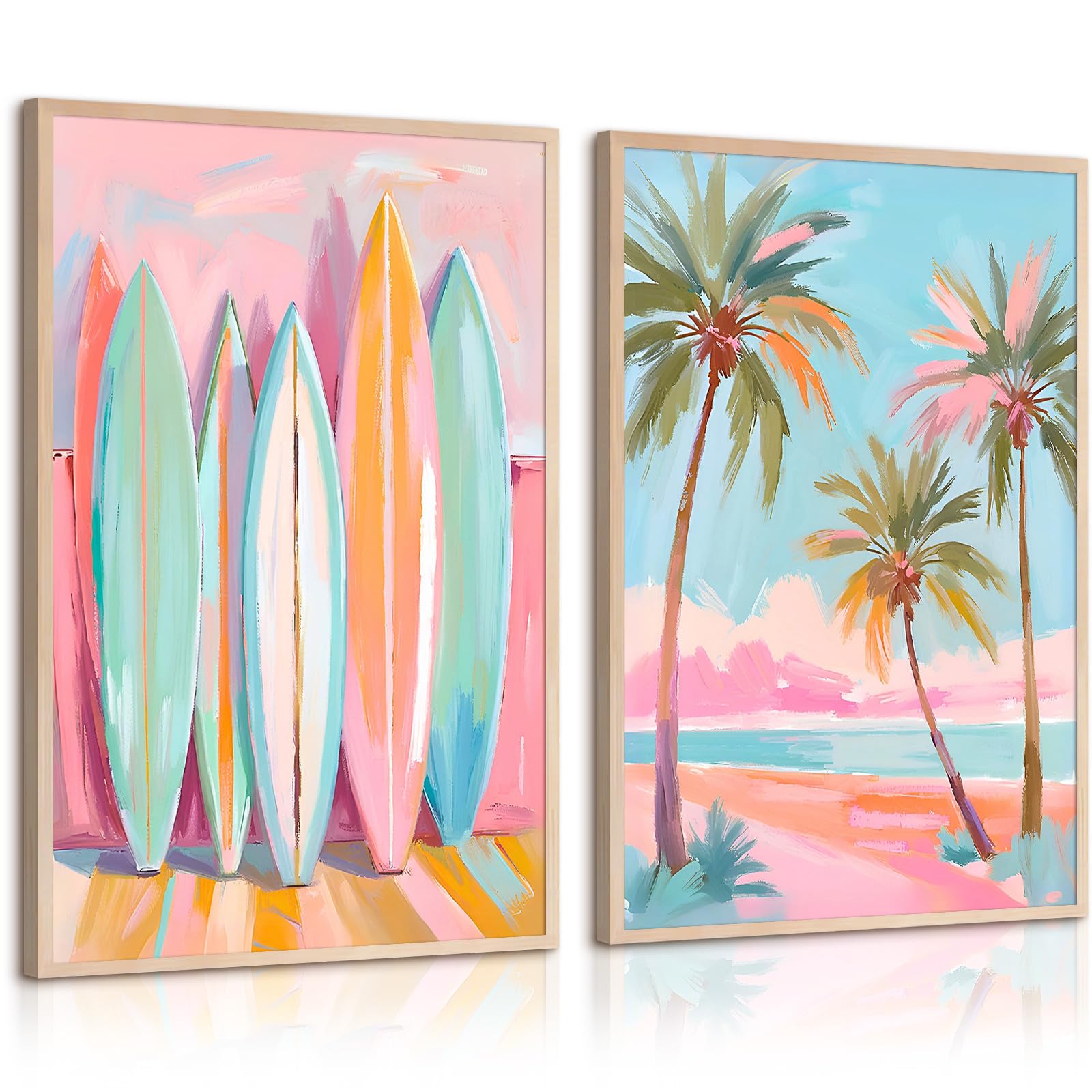 Pink Beach Wall Art Coastal Canvas Pictures Palm Tree Wall Decor Summer Surf Poster Pastel Ocean Painting Tropical Beachy Prints Preppy Aesthetic Artwork for Girl Room Bedroom 16x24x2 Inch Unframed