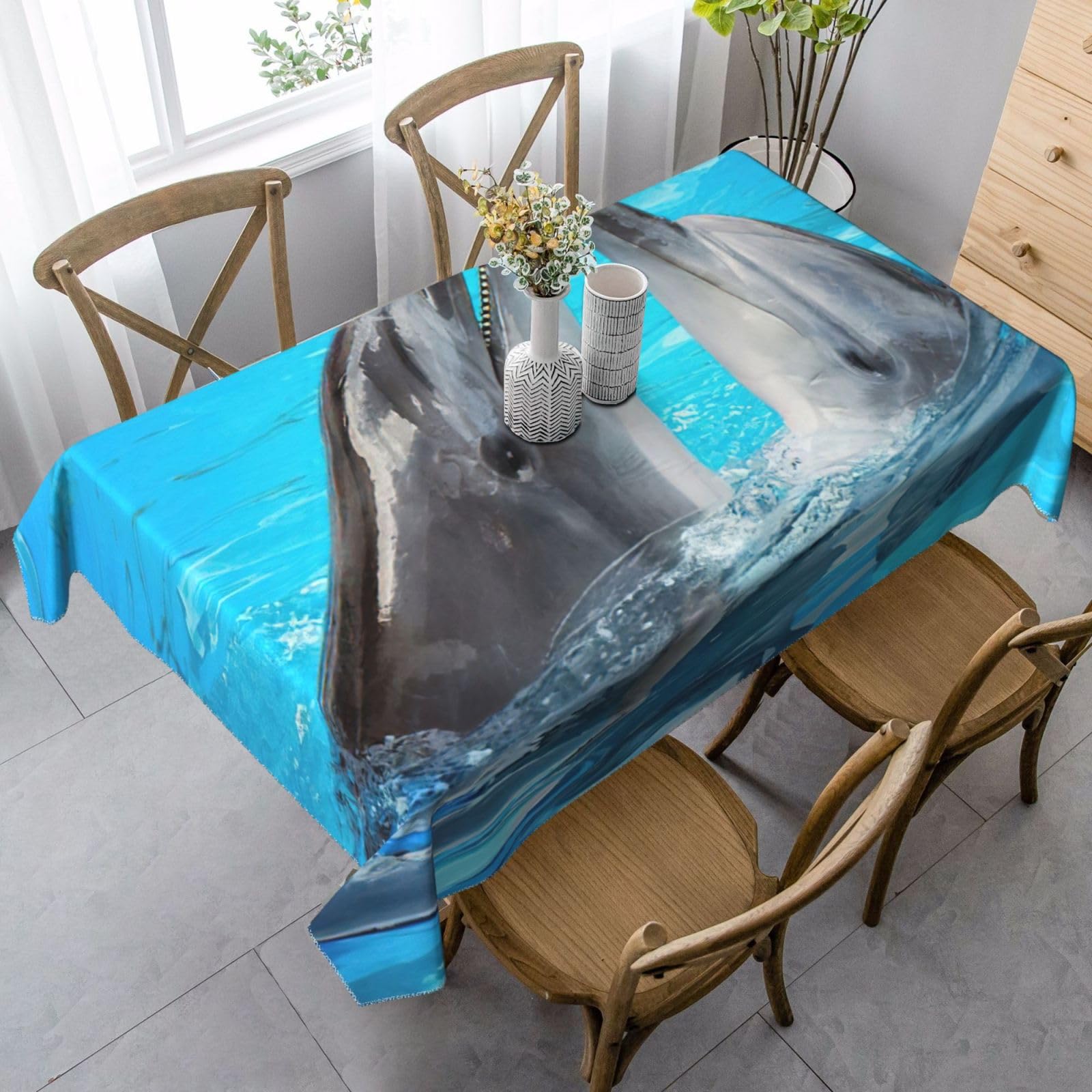 yagDAA Cool Dolphin Print Rectangle Tablecloth Table Cover Indoor Outdoor Dining Room Kitchen Table Cloth 140x90cm
