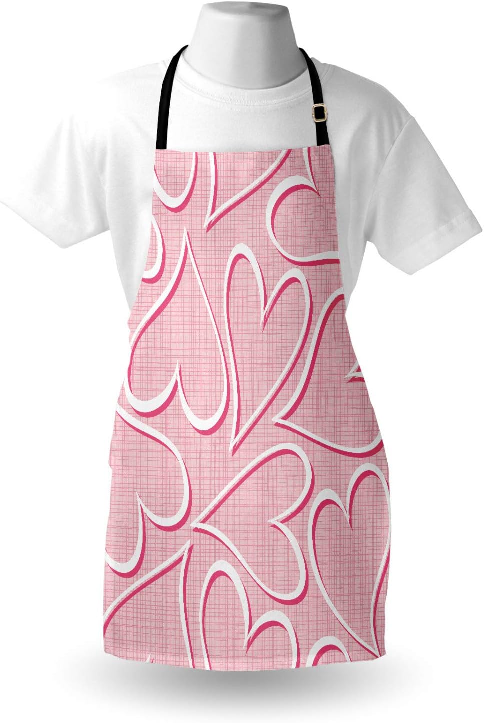 Lunarable Hearts Apron, Valentines Day Themed Abstract Heart Shapes Soft Colors Doodle Pattern Print, Unisex Kitchen Bib with Adjustable Neck for Cooking Gardening, Adult Size, Pink White