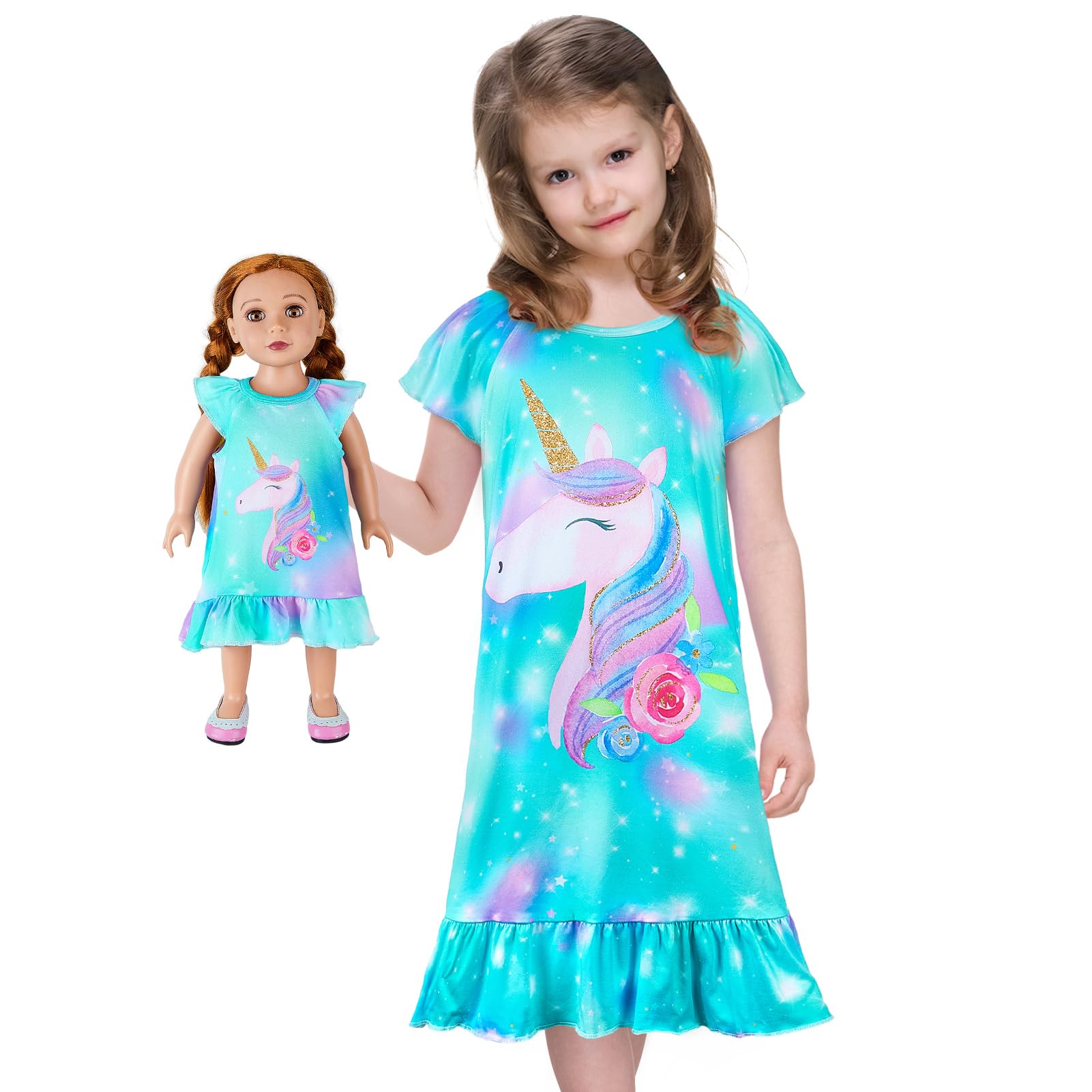ICOSYMatching Girls & Doll Nightgowns Clothes Unicorn Pajamas Sleepwear Outfit for Girls and American 18" Girl Doll