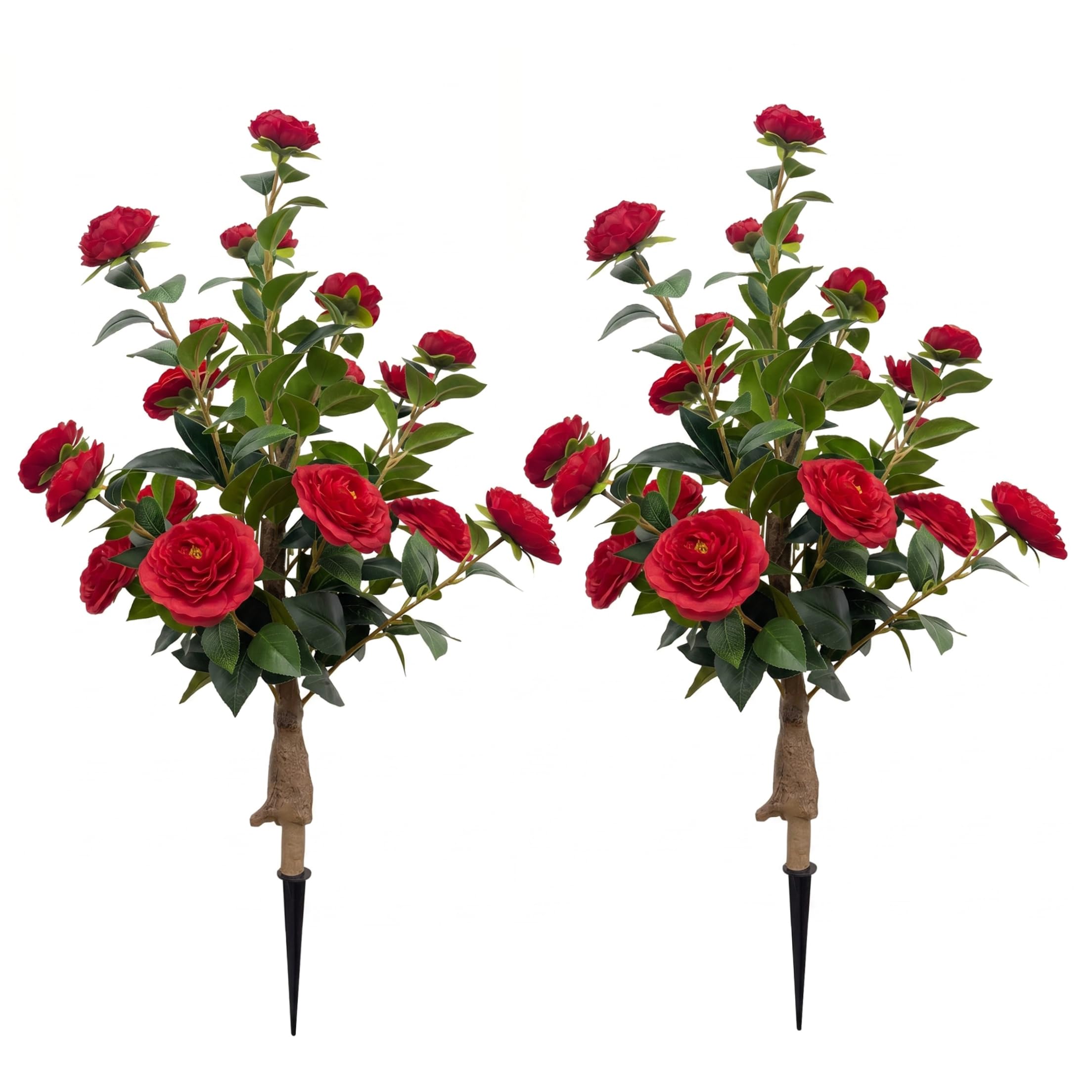 Ginwrek Camellia Tree Faux Outdoor 2PCS Artificial Camellia Tree, 35 Inch Faux Flower with Realistic Camellias Indoor Outdoor Decor, Red