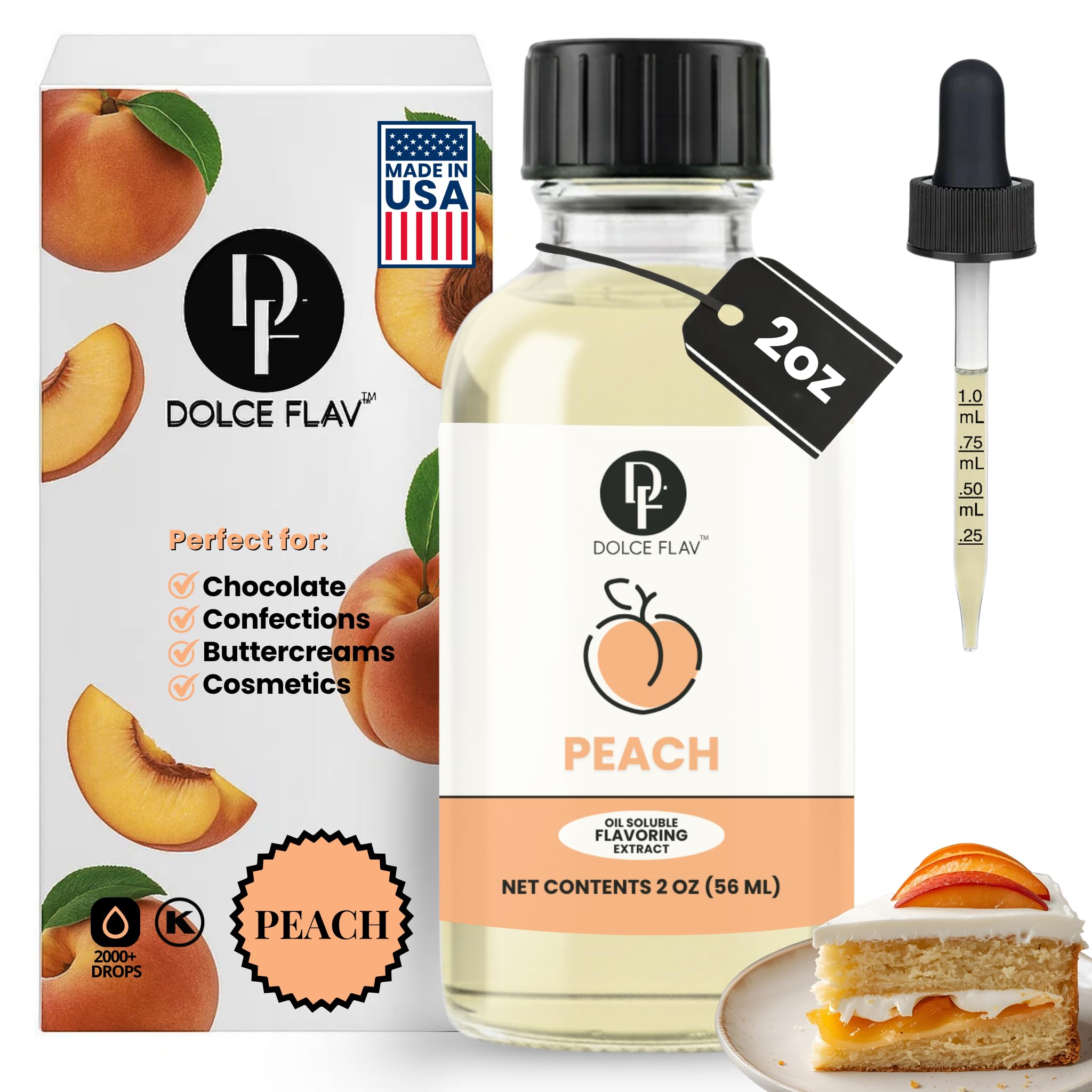 Dolce Flav Peach Extract – 2 Ounce Oil-Soluble Kosher, Sugar-Free, Concentrated Juicy Peach Flavoring for Baking, Chocolates & Desserts, Includes Measured Dropper
