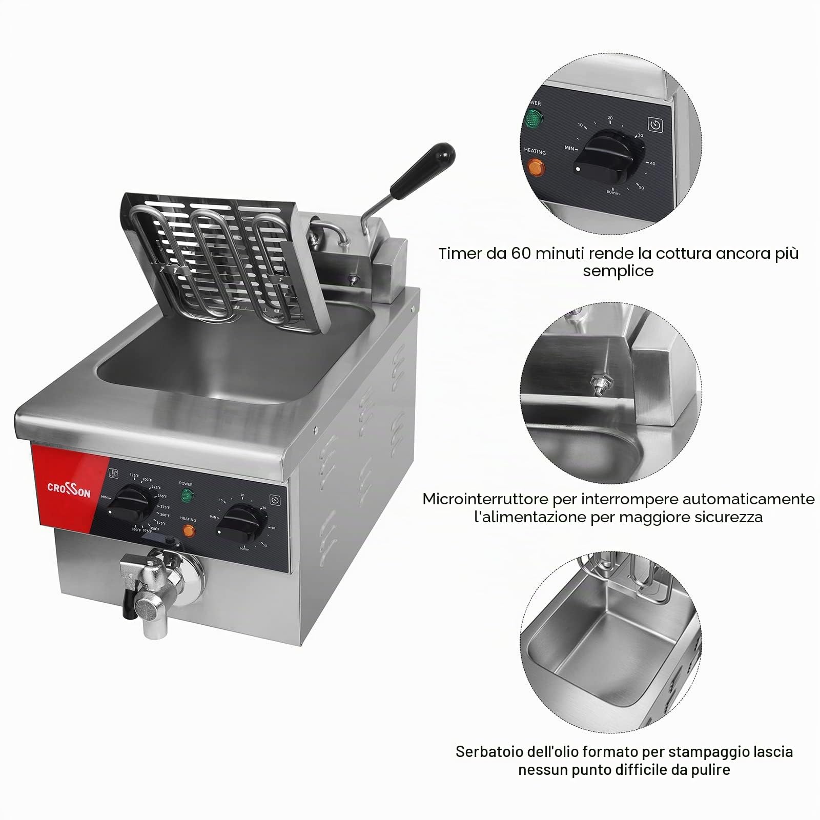 CROSSON Friggitrice Commerciale 6 Litri,Friggitrice Elettrica ad Olio da Inox 3000W con Coperchio,con Rubinetto di Scarico,Controllo Tempo e Temperatura 80-200°C,per Cucina Ristorante