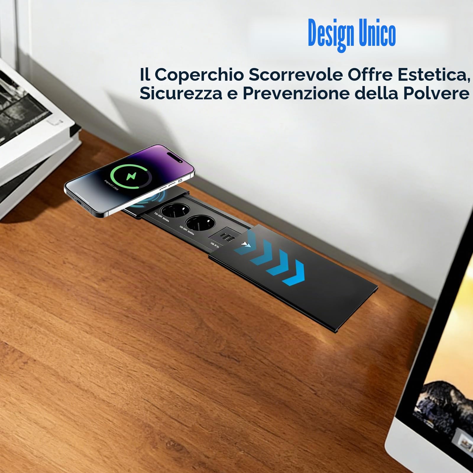Ciabatta elettrica da incasso, 2 prese, a scomparsa, con caricatore wireless da 15 W, e USB-C, presa a scomparsa con coperchio scorrevole per scrivania, divano, tavolo da conferenze