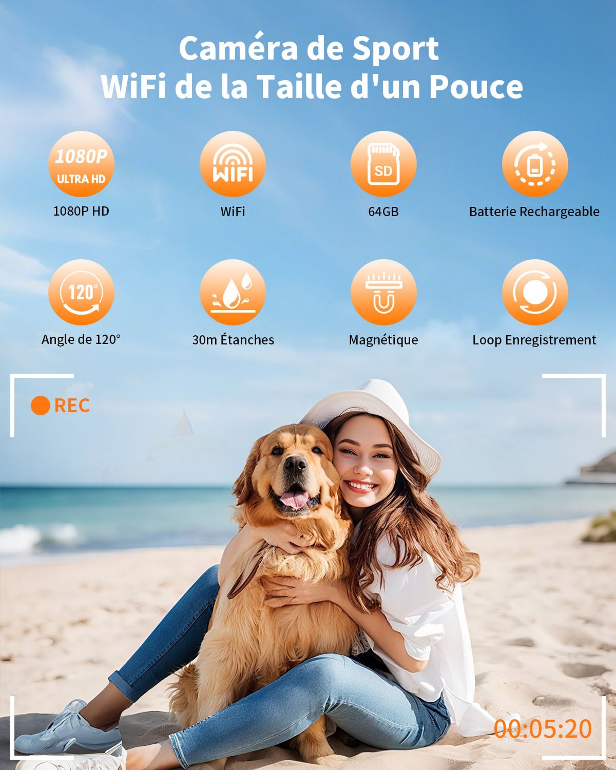 UYIKOO Caméra Sport WiFi, 64GB Mini Caméra d'action 1080P HD, 120° Caméra Vlog Camera Sportive IP68 Étanche à 30M Caméscope Vidéo Vélo, Camera Casque pour Vélo, Ski, Plongée, Animaux