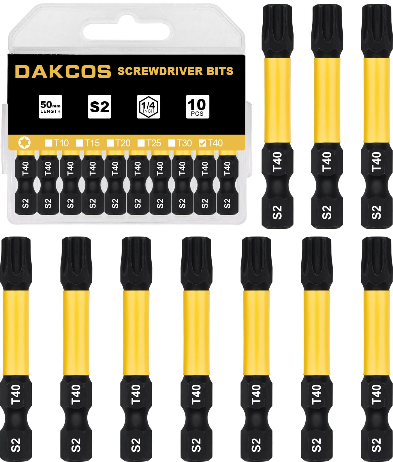 DAKCOS T40 Torx Bit, Impact Driver Bits, 1/4" Screwdriver Bit Sets, 10PCS Premium S2 Alloy Steel Bits, 50mm Long