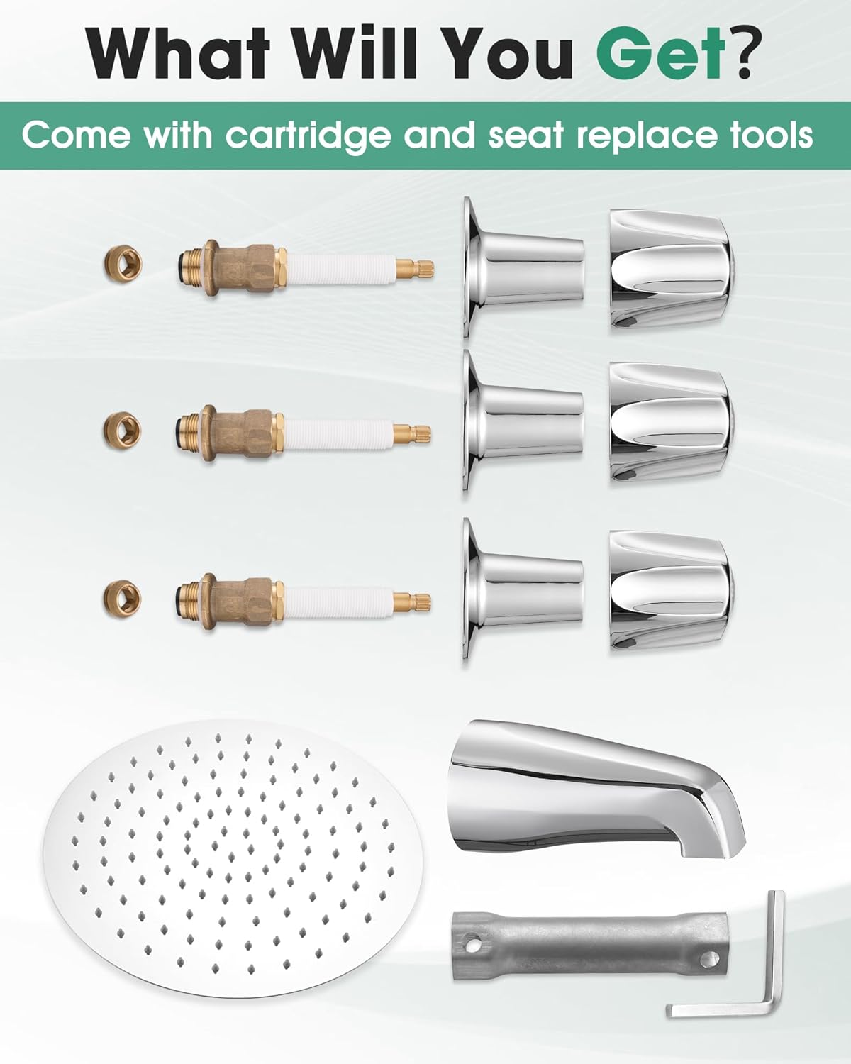 12" Rainfall Shower Faucet& Bathtub 3 Handle Knob Replacement for Price Pfister Verve Remodel/Rebuild Trim Kit, Chrome