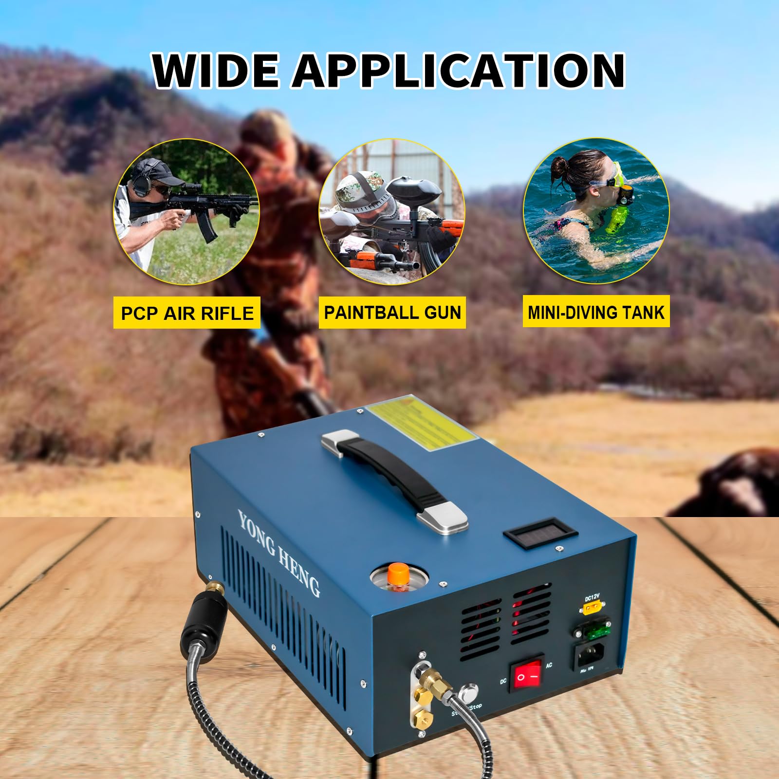 YONGHENG Compresor de aire PCP, apagado automático de 30Mpa sin aceite/agua, pistola de aire de presión y bomba de tanque de paintball con separador de agua/aceite, adaptador de corriente integrado