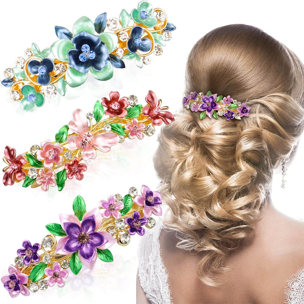 Vintage French Hair Barrettes - Luxurious Flower Design Clips