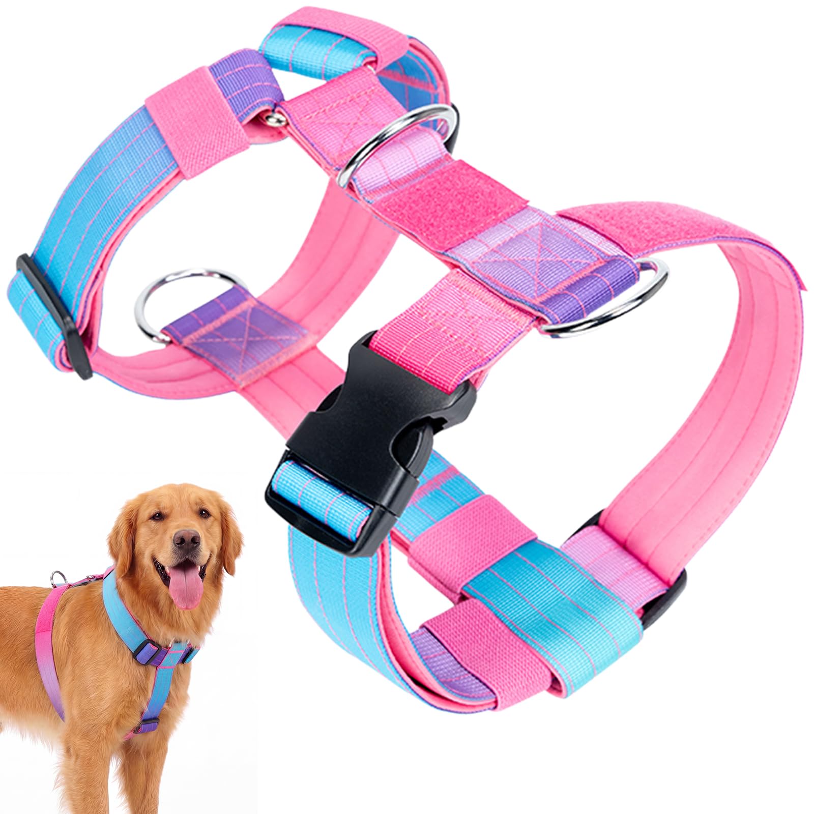 Olcyren No Pull Dog Harness, Adjustable Dog Harness with Front Back Clips, No Choke Anti Pull Dog Harness, Soft Padded Heavy Duty Pet Vest for Medium Large Dogs Training Walking (Gradient Pink, XL)