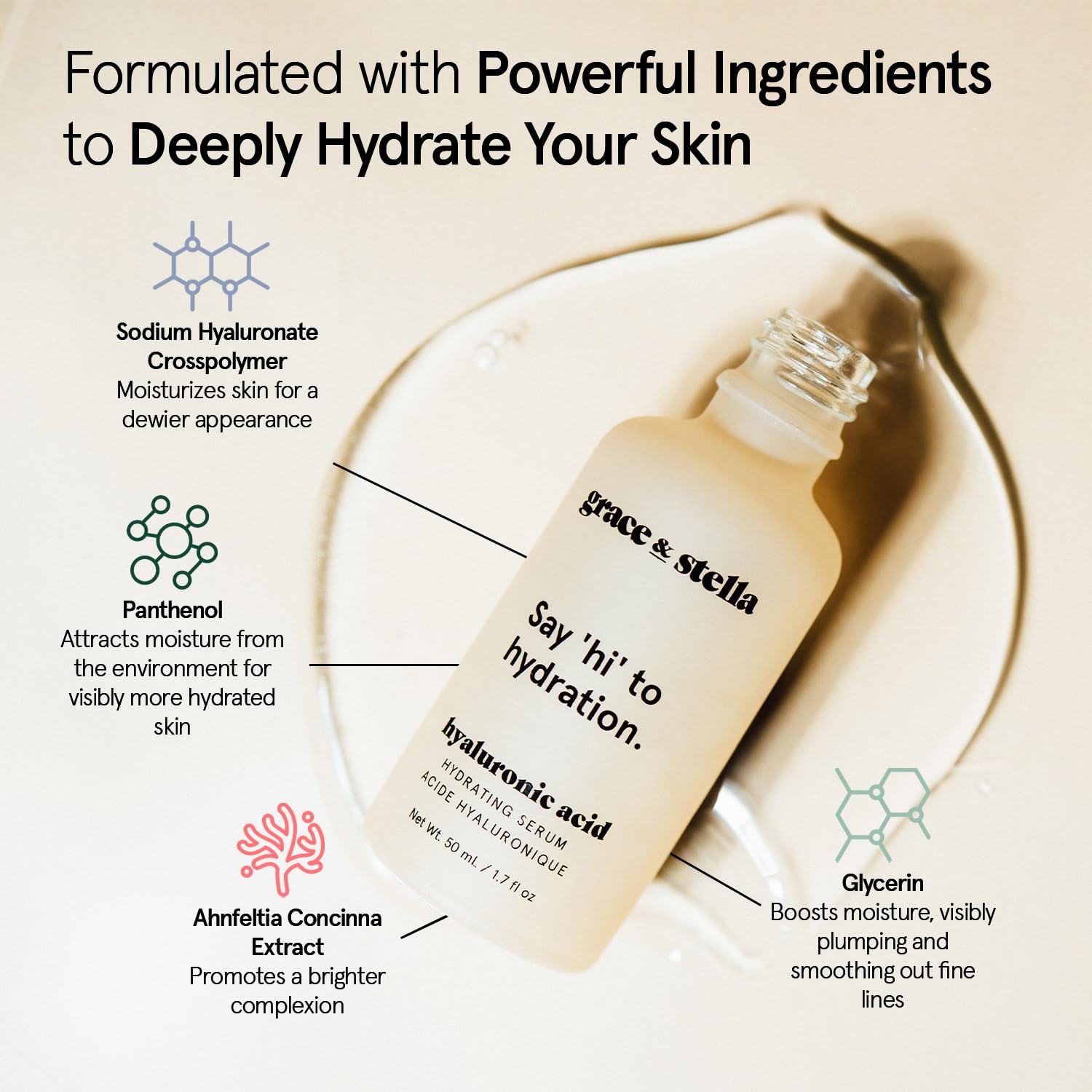 grace & stella Suero de ácido hialurónico para la cara, suero facial hidratante para mujeres, suero antiarrugas para líneas finas, suero hidratante vegano sin parabenos (30 ml)