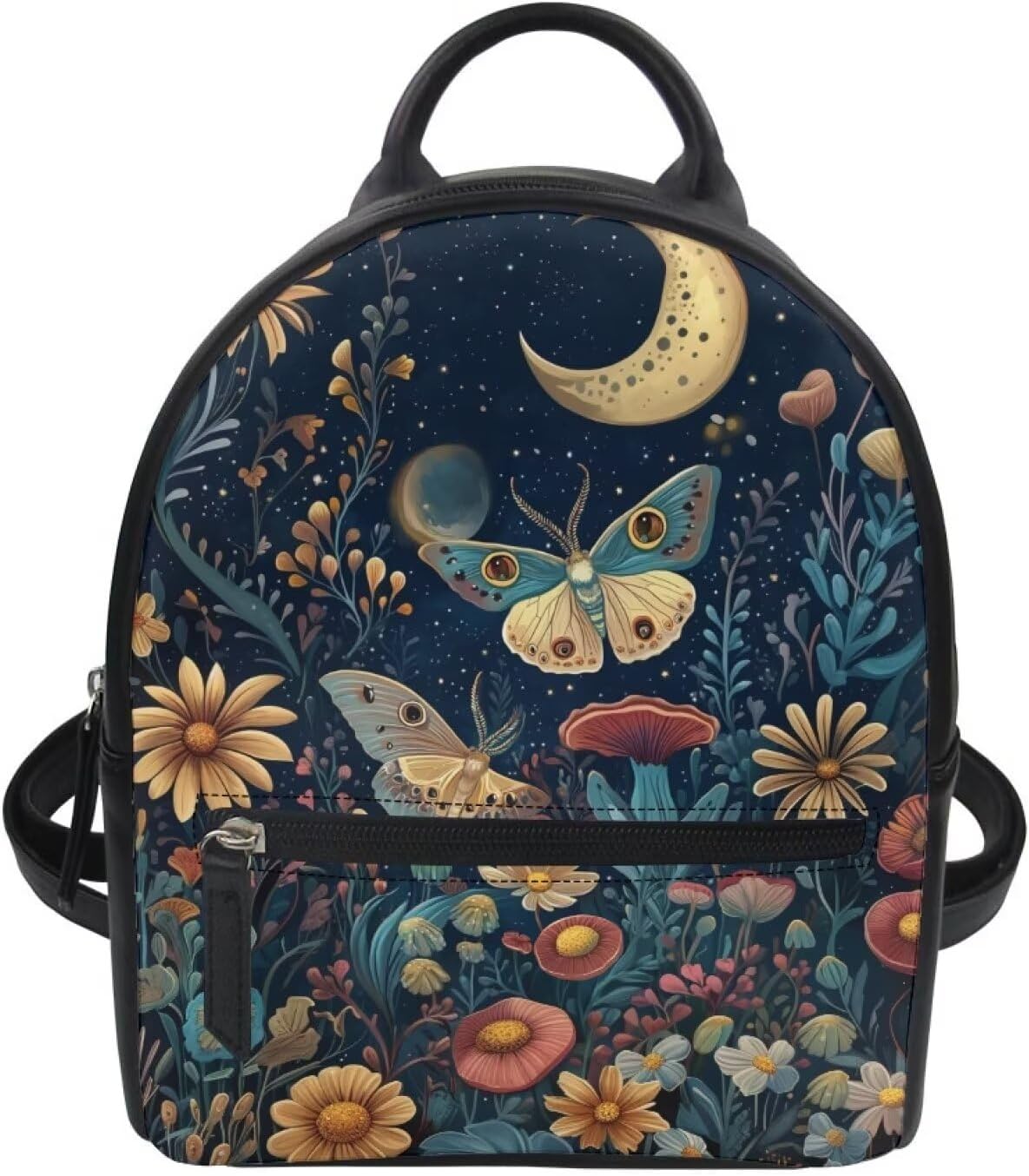Cozeyat Goth Backpack Purse Moon Mushroom Moth Small Backpack Purse for Women Leather Travel Backpacks Ladies Shoulder Back Pack Fashion Handbag Teen Girls College Bookbag